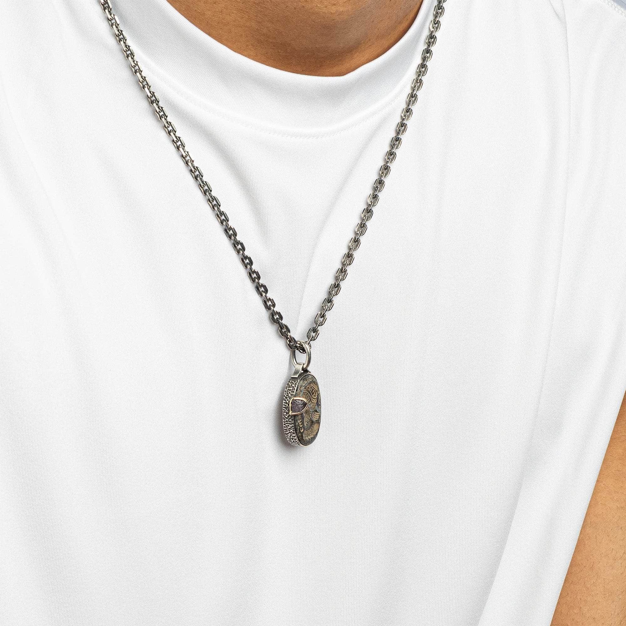 Narseh Pendant with Authentic Ancient Near Eastern Agate Seal in 925 Silver & Raw Pink Sapphire in 9K Gold