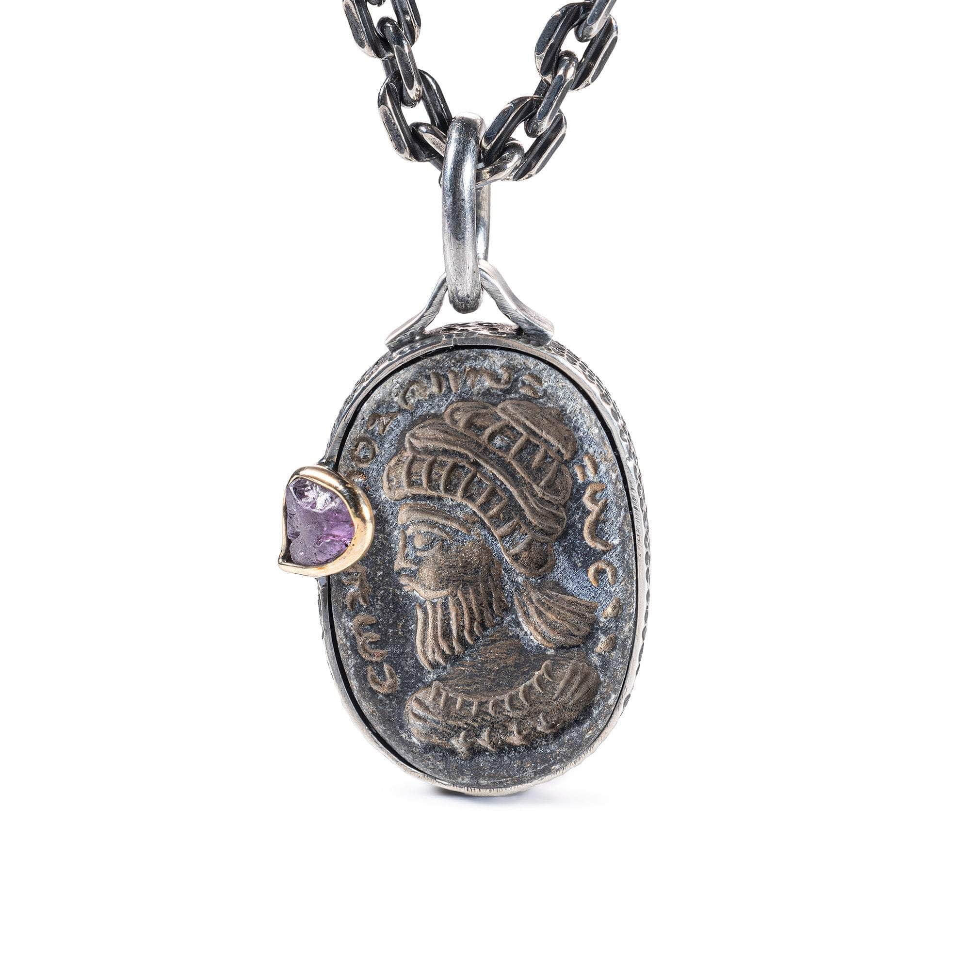 Narseh Pendant with Authentic Ancient Near Eastern Agate Seal in 925 Silver & Raw Pink Sapphire in 9K Gold