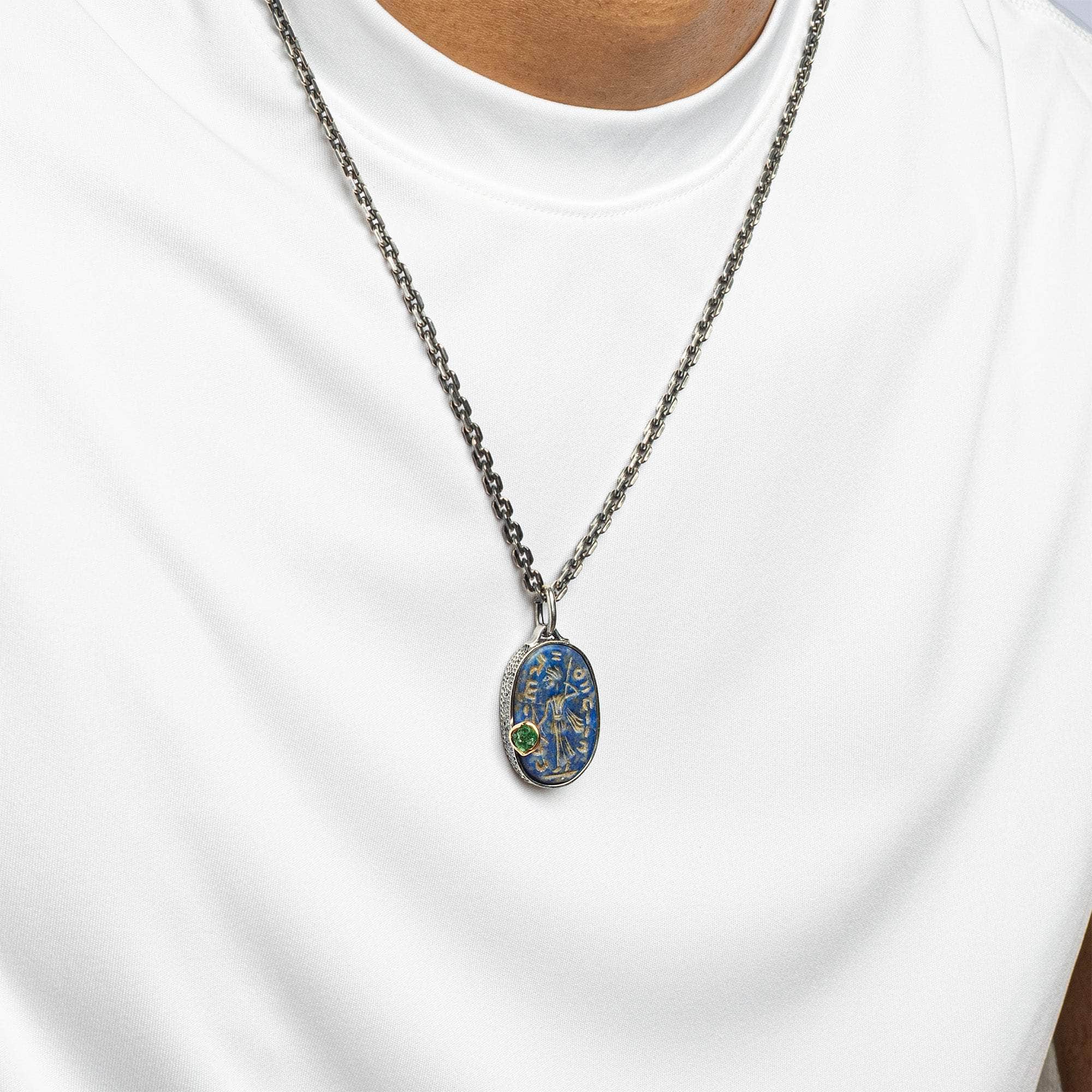 Xenos Pendant with Authentic Greco-Bactrian Lapis Lazuli Seal in 925 Silver & Rough Tsavorite Garnet in 9K Gold