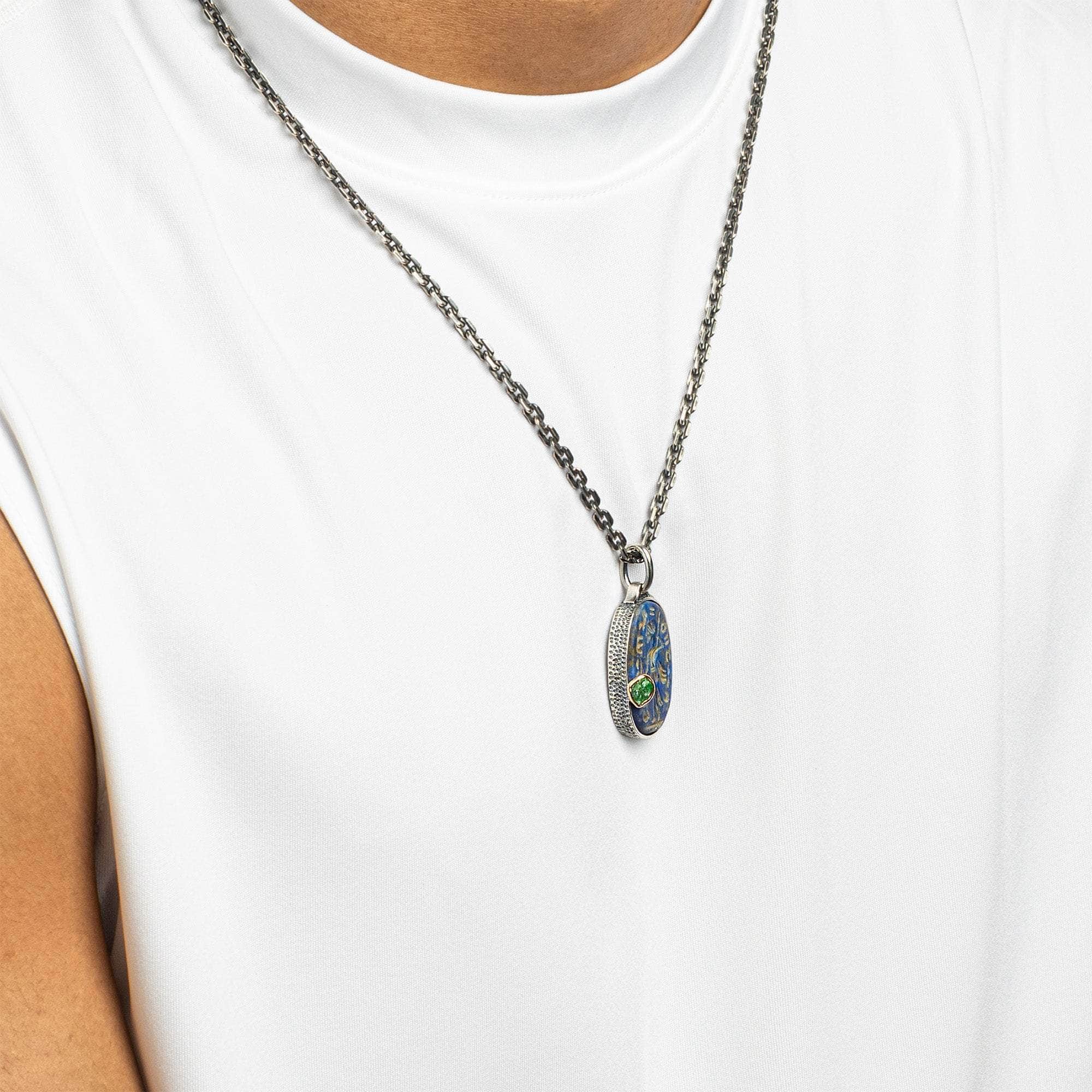 Xenos Pendant with Authentic Greco-Bactrian Lapis Lazuli Seal in 925 Silver & Rough Tsavorite Garnet in 9K Gold