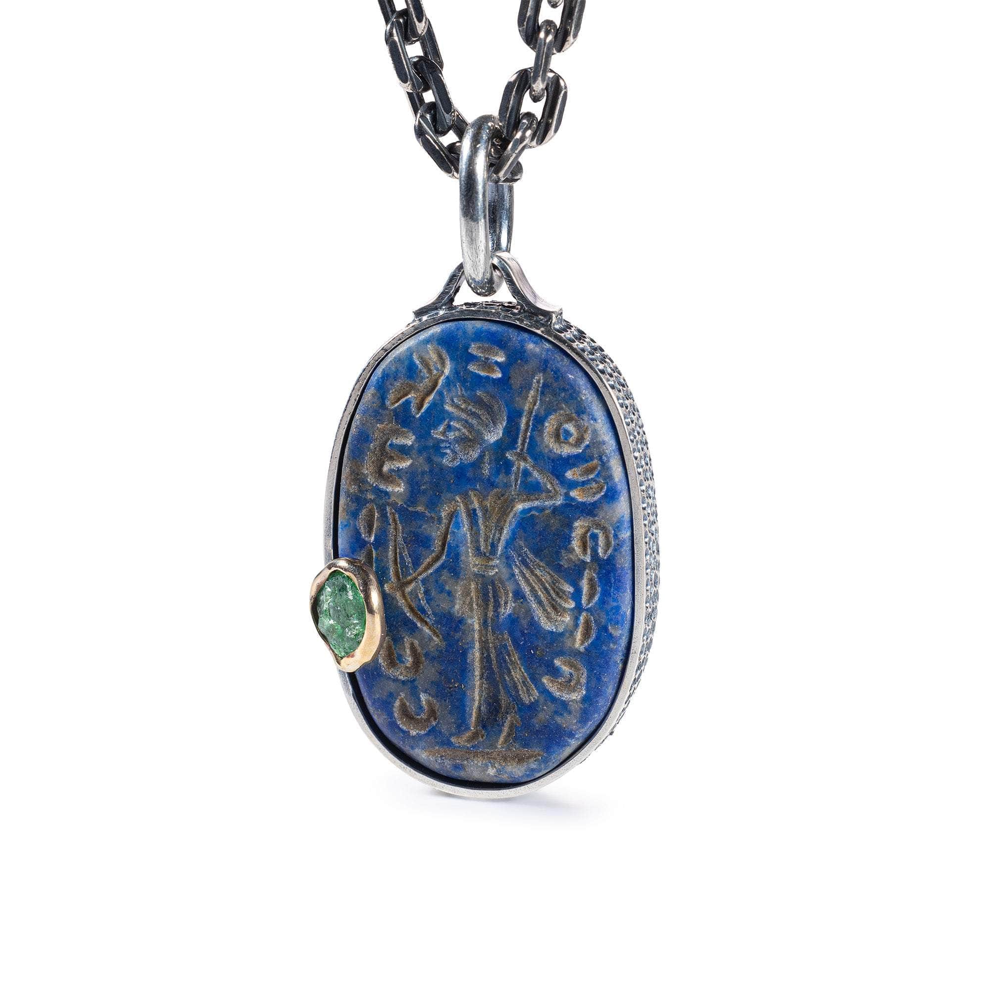 Xenos Pendant with Authentic Greco-Bactrian Lapis Lazuli Seal in 925 Silver & Rough Tsavorite Garnet in 9K Gold