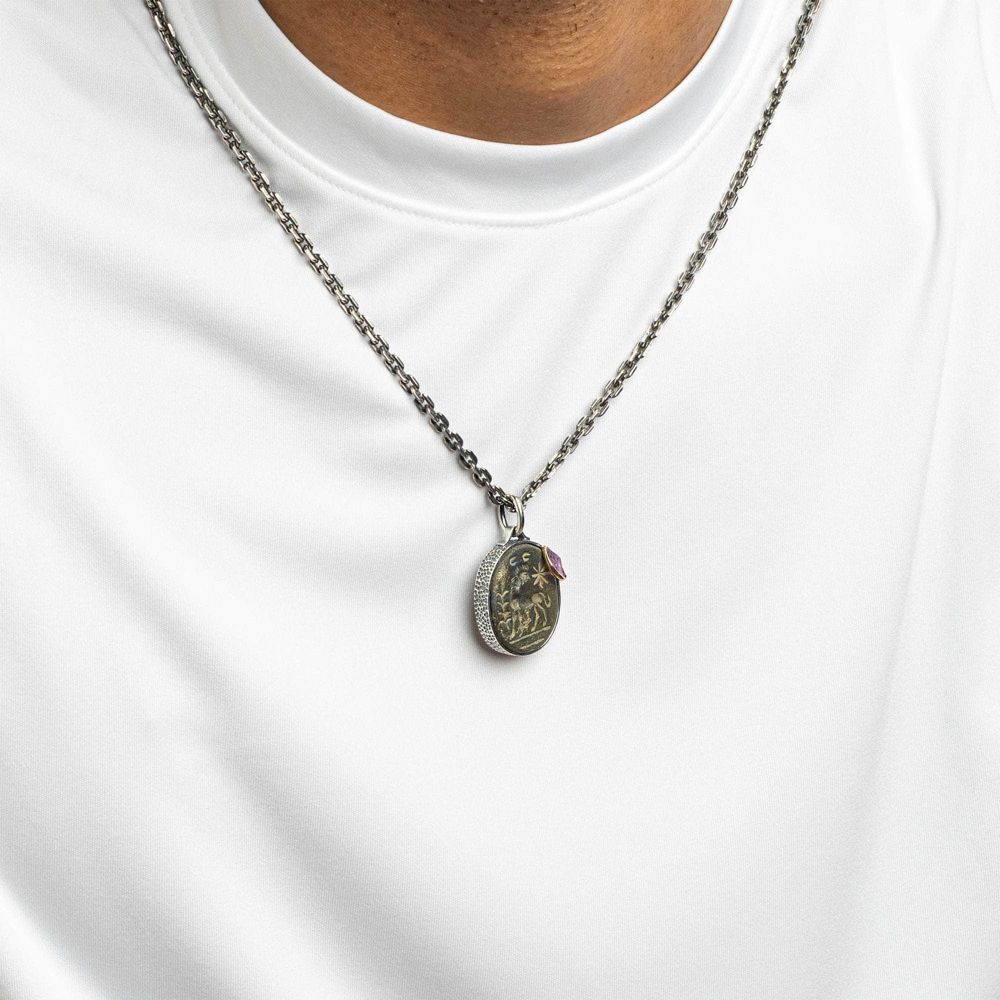 Bahram Pendant with Authentic Ancient Near Eastern Agate Seal in 925 Silver & Raw Pink Sapphire in 9K Gold