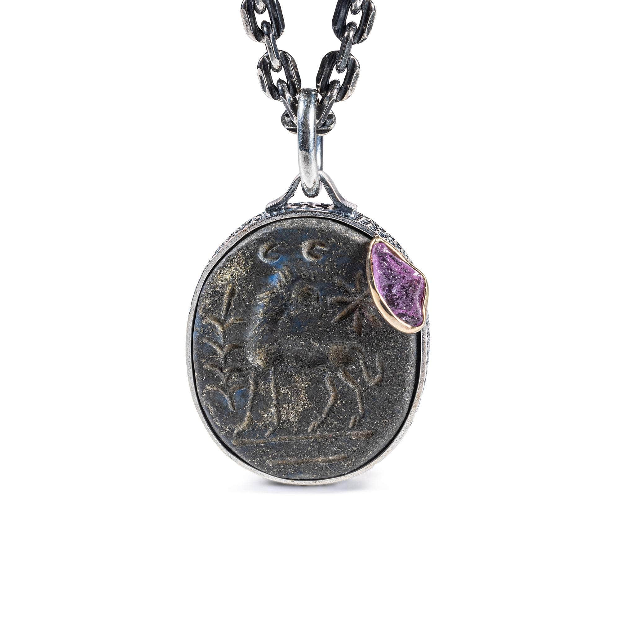 Bahram Pendant with Authentic Ancient Near Eastern Agate Seal in 925 Silver & Raw Pink Sapphire in 9K Gold