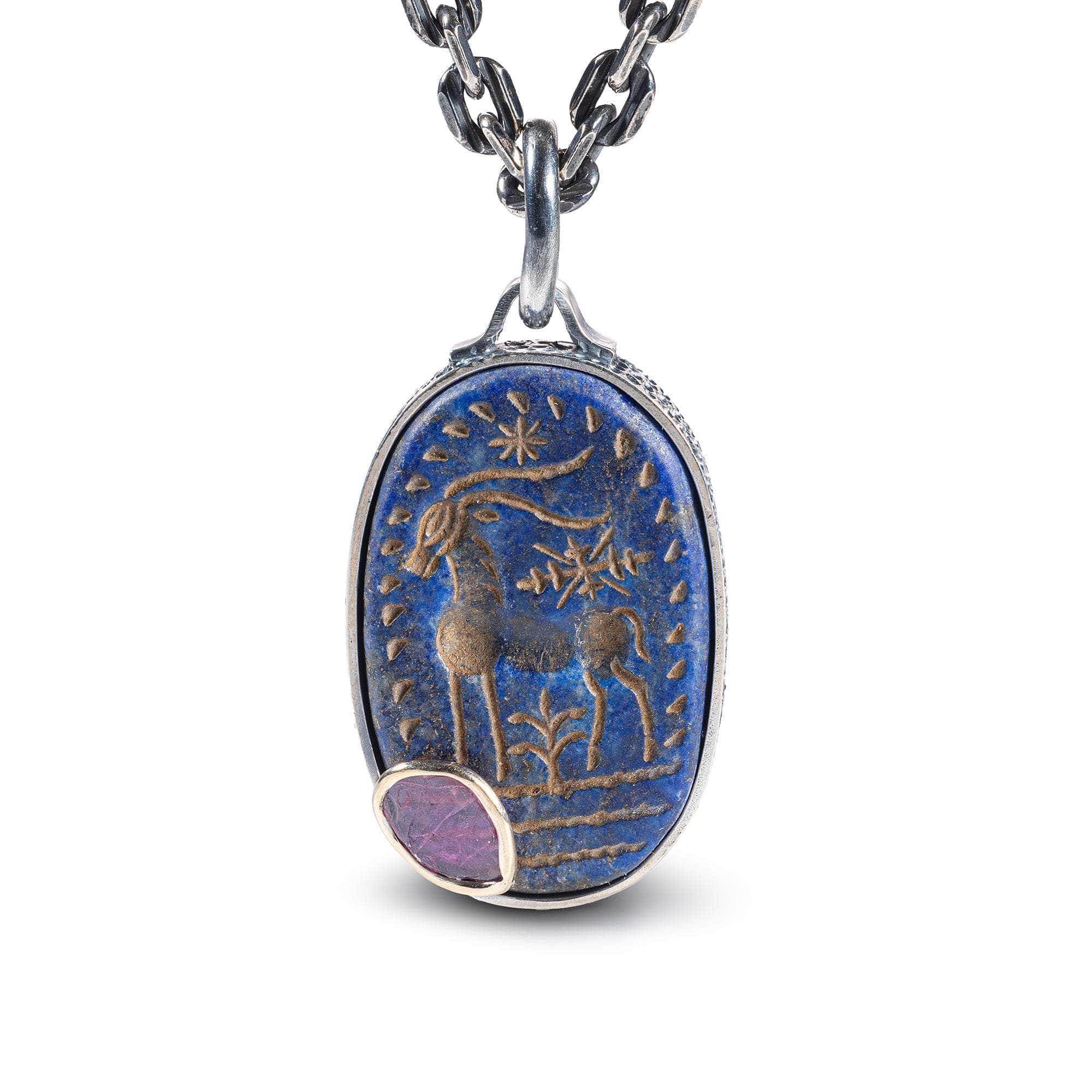 Elaphos Pendant with Authentic Ancient Greek Lapis Lazuli Seal in 925 Silver & Rough Ruby in 9K Gold