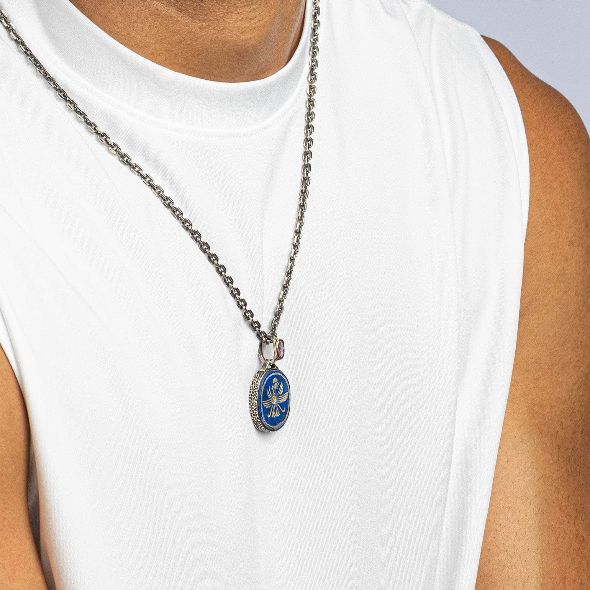 Pteryx Pendant with Ancient Greek Lapis Lazuli Seal in 925 Silver & Rough Pink Sapphire in 9K Gold