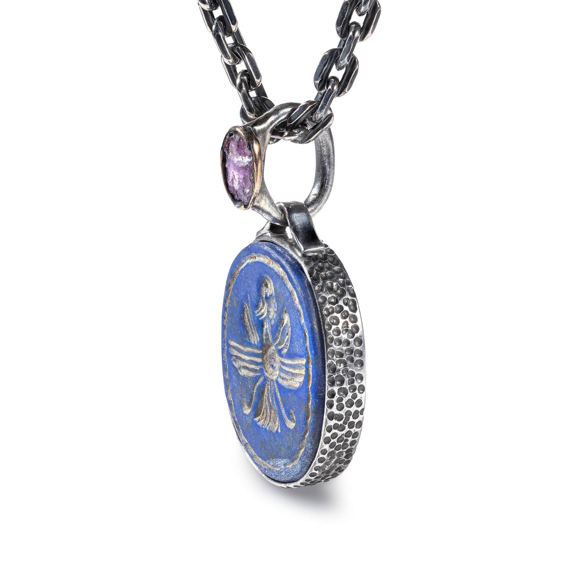 Pteryx Pendant with Ancient Greek Lapis Lazuli Seal in 925 Silver & Rough Pink Sapphire in 9K Gold