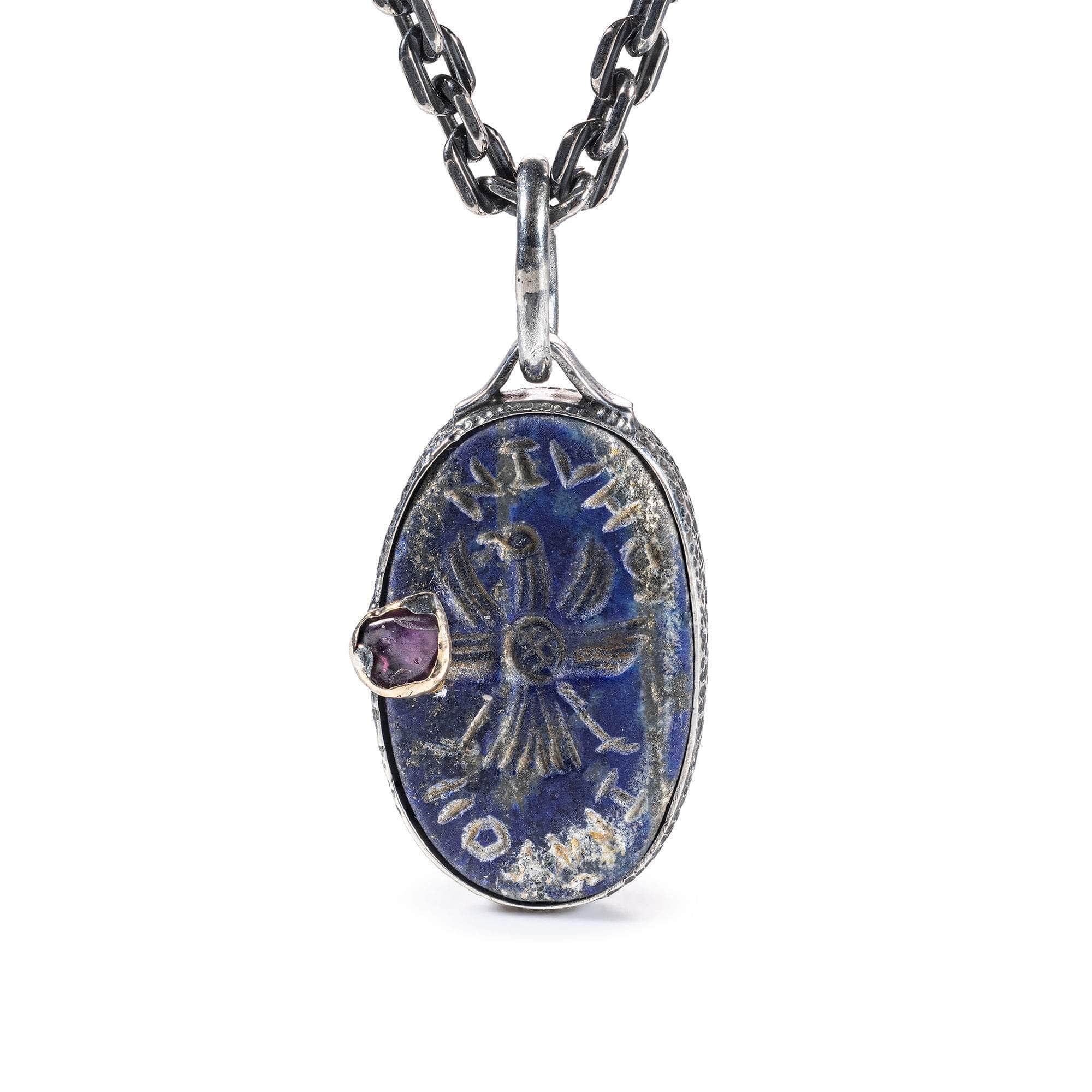 Aniketos Pendant with Authentic Classical Hellenic Lapis Lazuli Seal in 925 Silver & Raw Ruby in 9K Gold