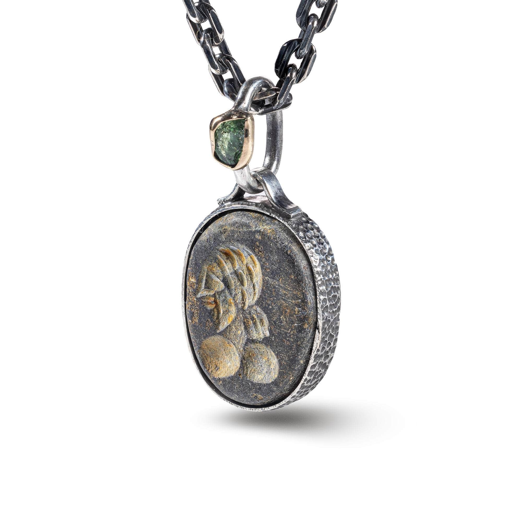 Fars Pendant with Authentic Near Eastern Agate Seal in 925 Silver & Raw Tsavorite Garnet in 9K Gold