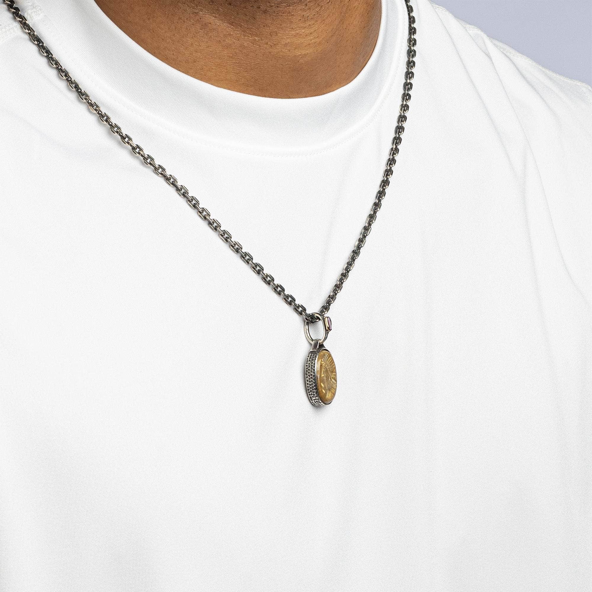 Shamash Pendant with Authentic Ancient Near Eastern Agate Seal in 925 Silver & Rough Ruby in 9K Gold