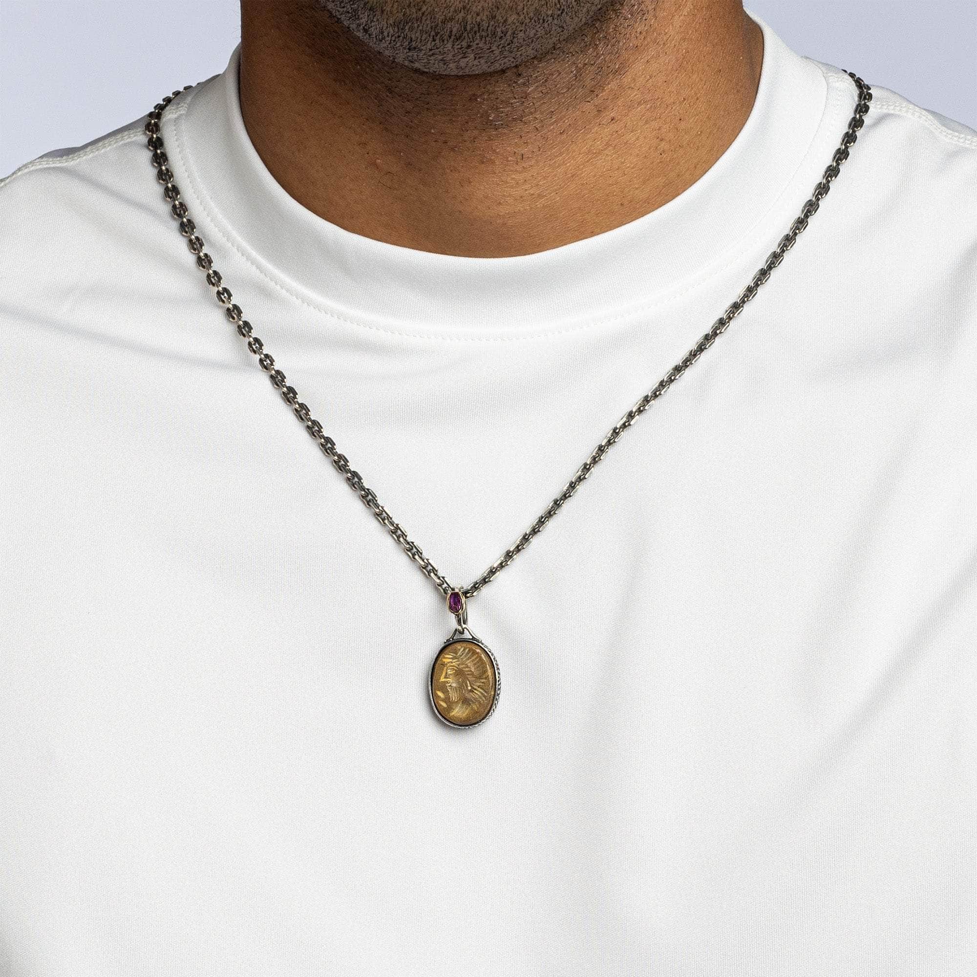 Shamash Pendant with Authentic Ancient Near Eastern Agate Seal in 925 Silver & Rough Ruby in 9K Gold