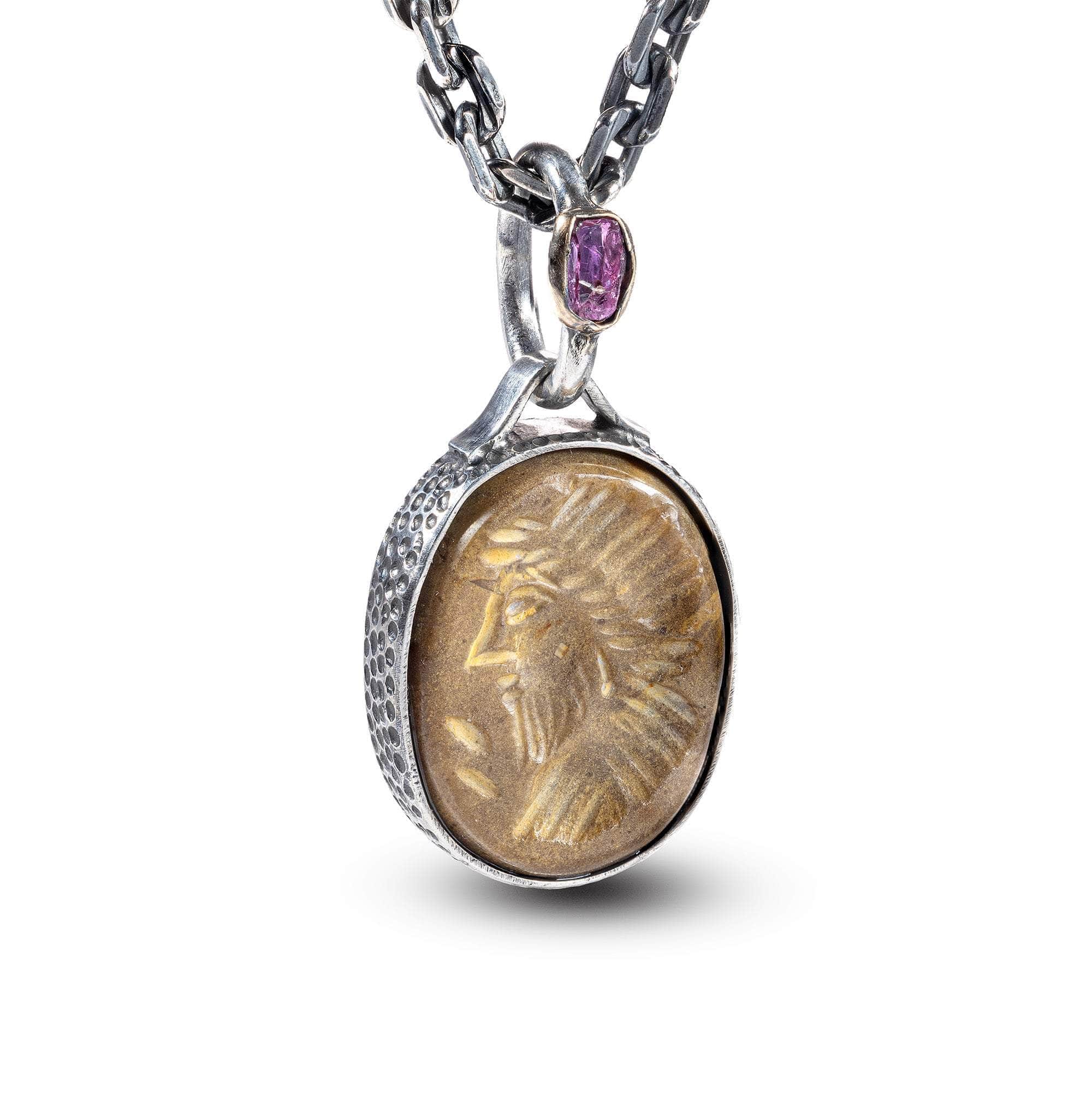 Shamash Pendant with Authentic Ancient Near Eastern Agate Seal in 925 Silver & Rough Ruby in 9K Gold