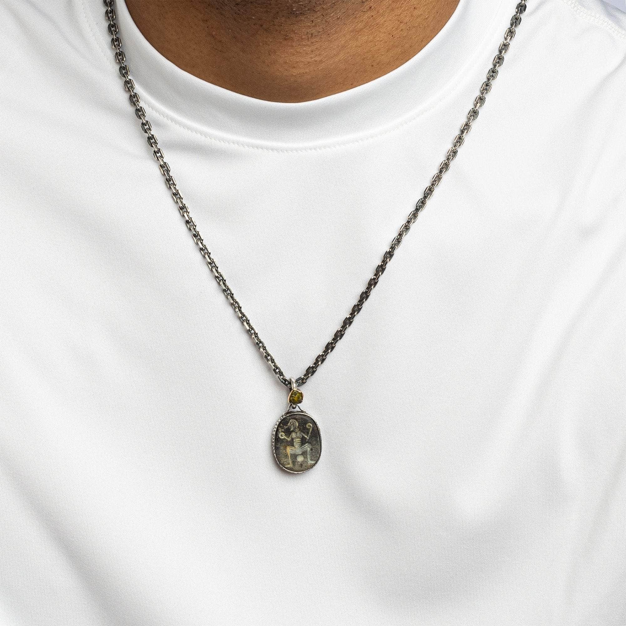 Humbaba Pendant with Ancient Near Eastern Agate Seal in 925 Silver & Raw Yellow Sapphire in 9K Gold