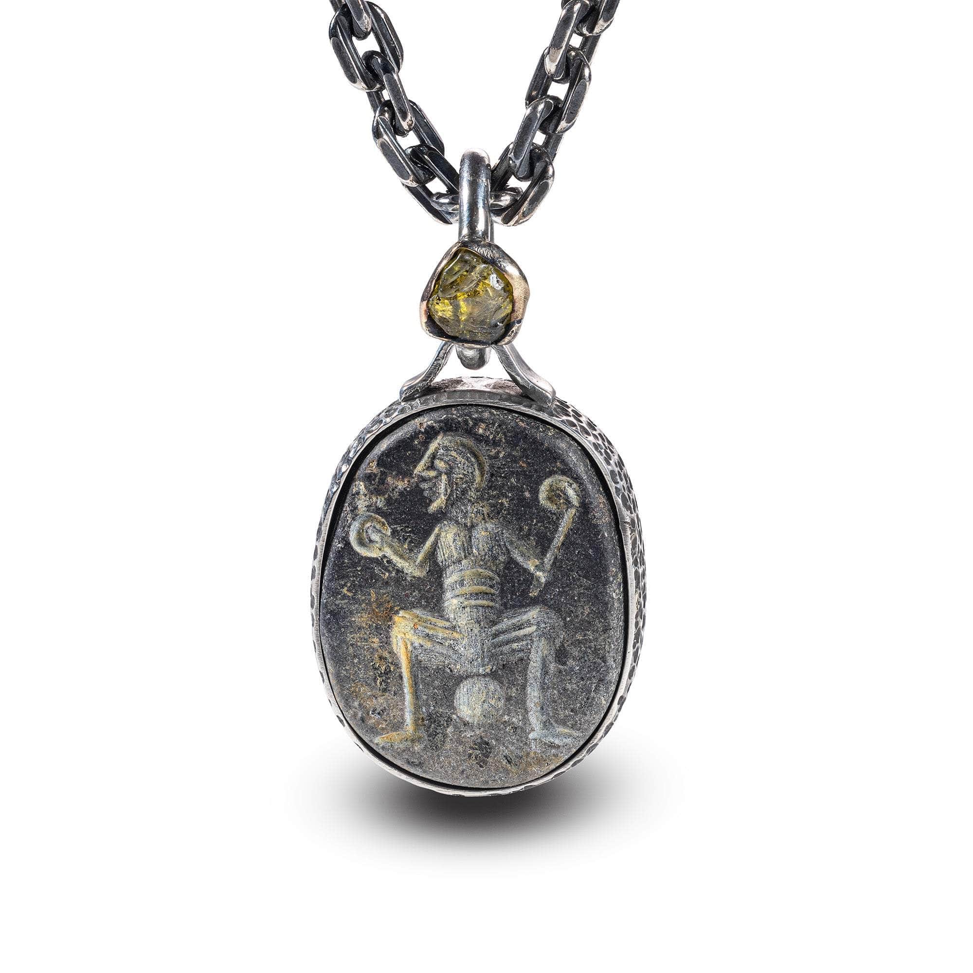 Humbaba Pendant with Ancient Near Eastern Agate Seal in 925 Silver & Raw Yellow Sapphire in 9K Gold