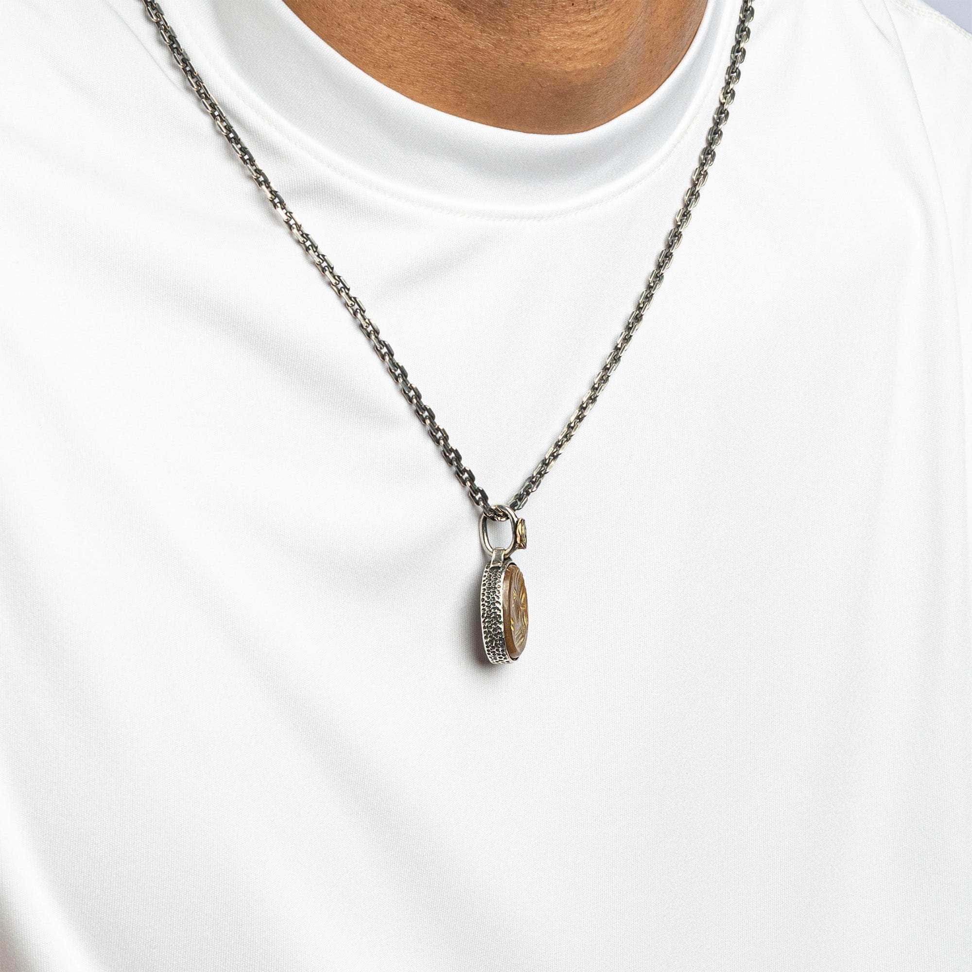 Samarra Pendant with Authentic Near Eastern Agate Seal in 925 Silver & Raw Yellow Sapphire in 9K Gold