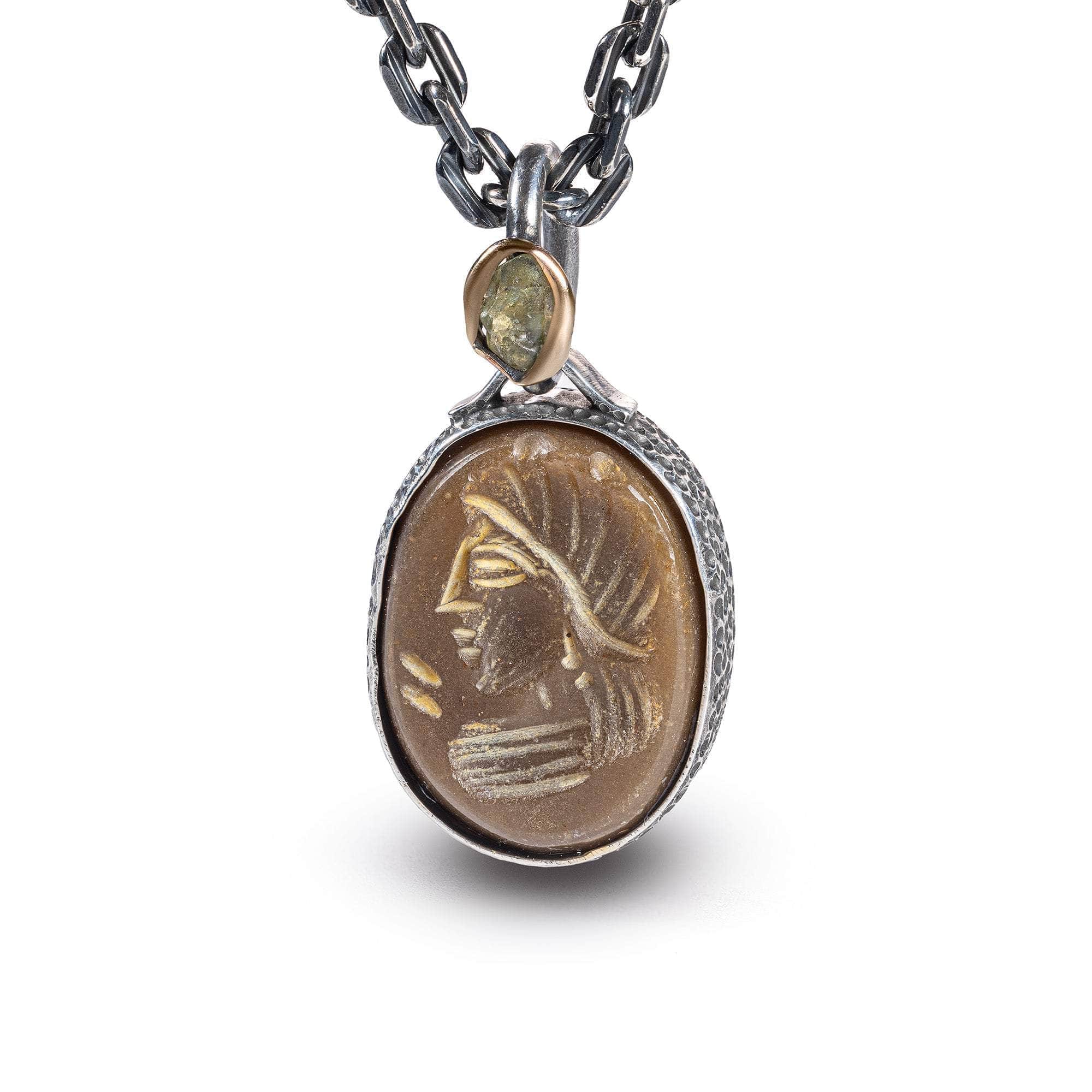 Samarra Pendant with Authentic Near Eastern Agate Seal in 925 Silver & Raw Yellow Sapphire in 9K Gold