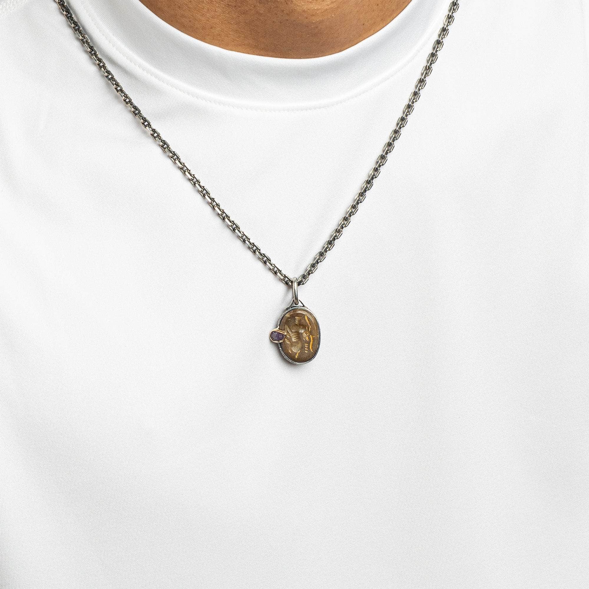 Rayy Pendant with Authentic Ancient Near Eastern Agate Seal in 925 Silver & Raw Pink Sapphire in 9K Gold