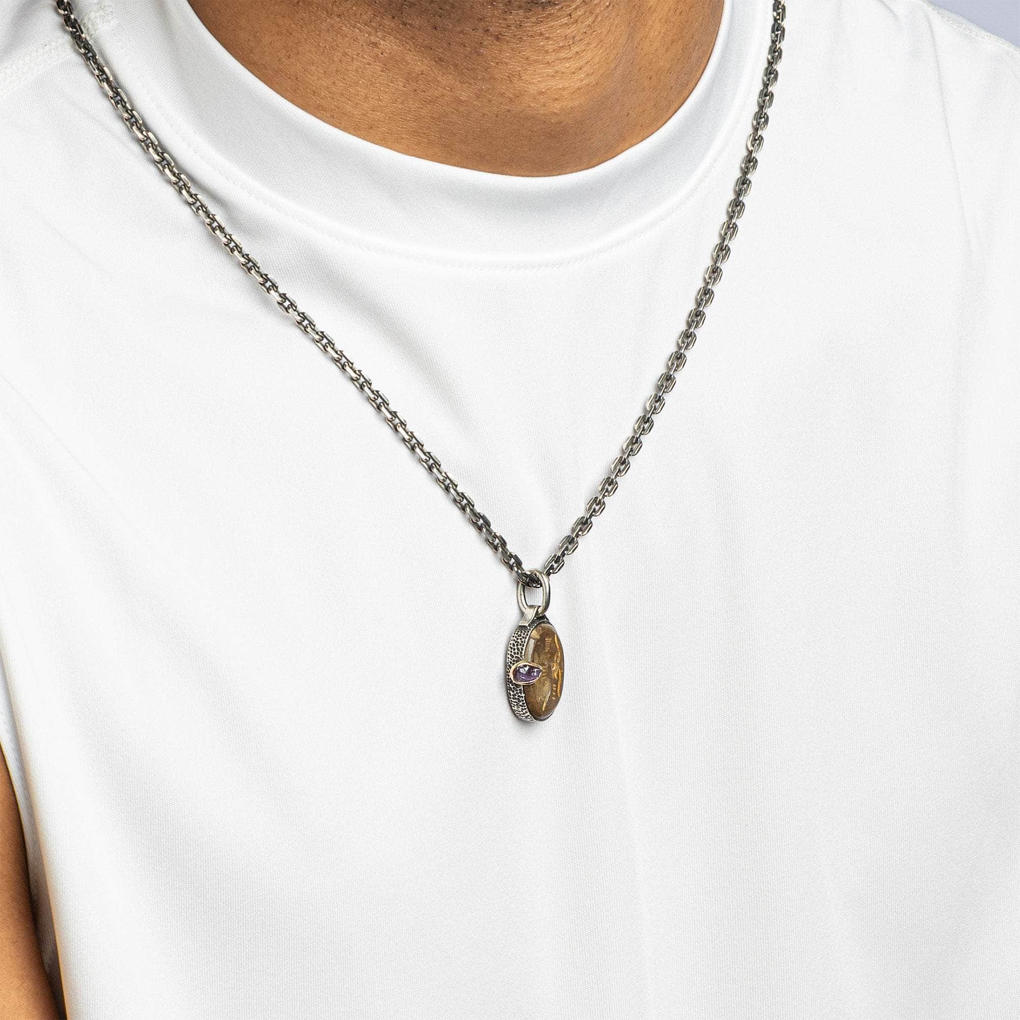 Rayy Pendant with Authentic Ancient Near Eastern Agate Seal in 925 Silver & Raw Pink Sapphire in 9K Gold