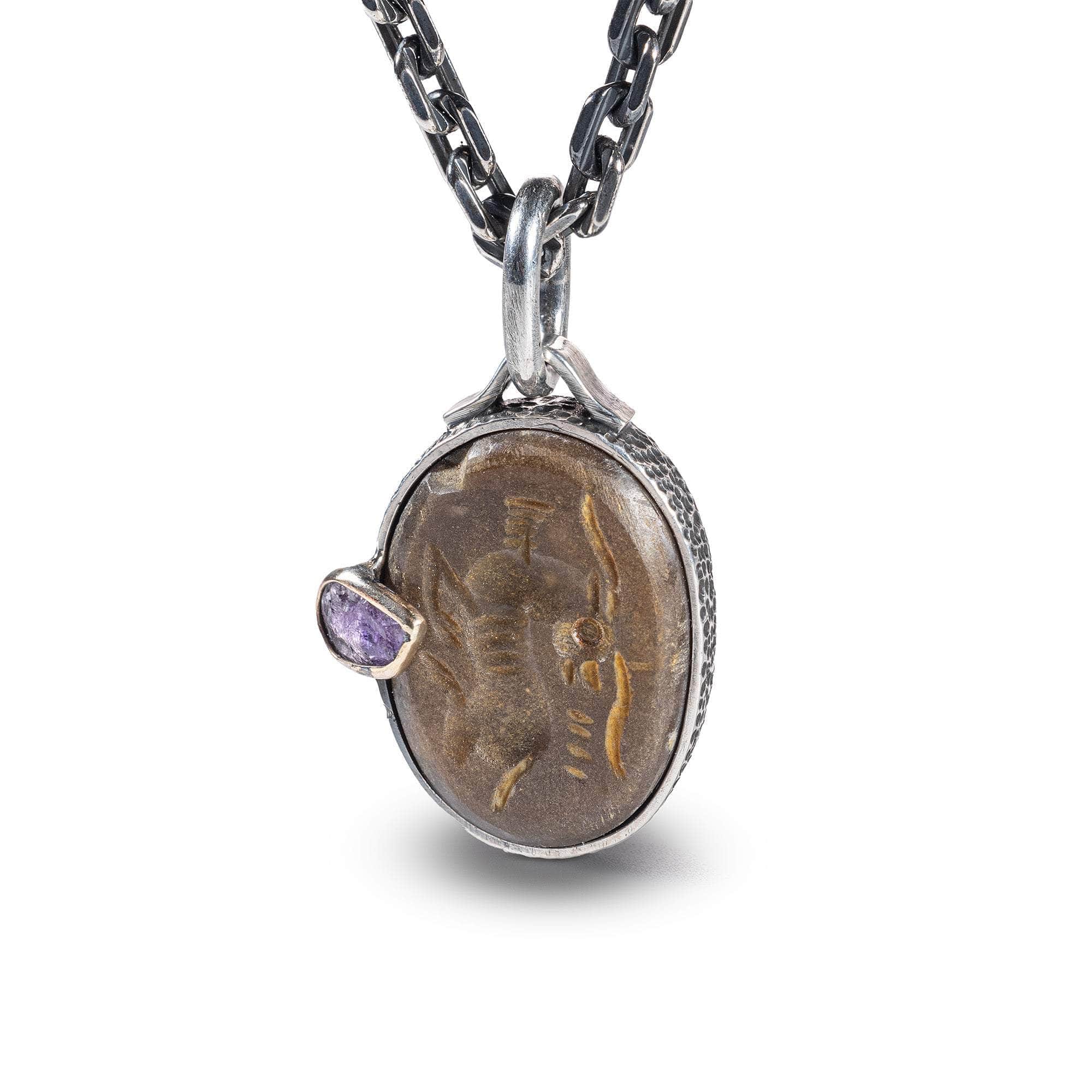 Rayy Pendant with Authentic Ancient Near Eastern Agate Seal in 925 Silver & Raw Pink Sapphire in 9K Gold