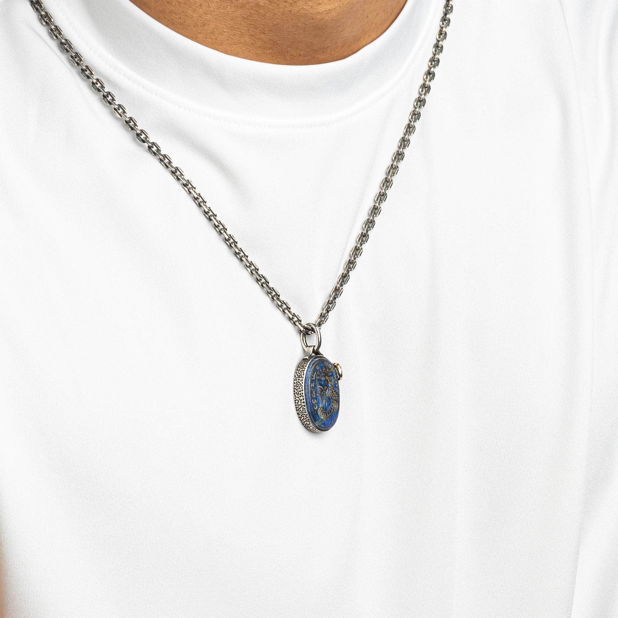 Magos Pendant with Authentic Hellenistic Lapis Lazuli Seal in 925 Silver & Raw Yellow Sapphire in 9K Gold