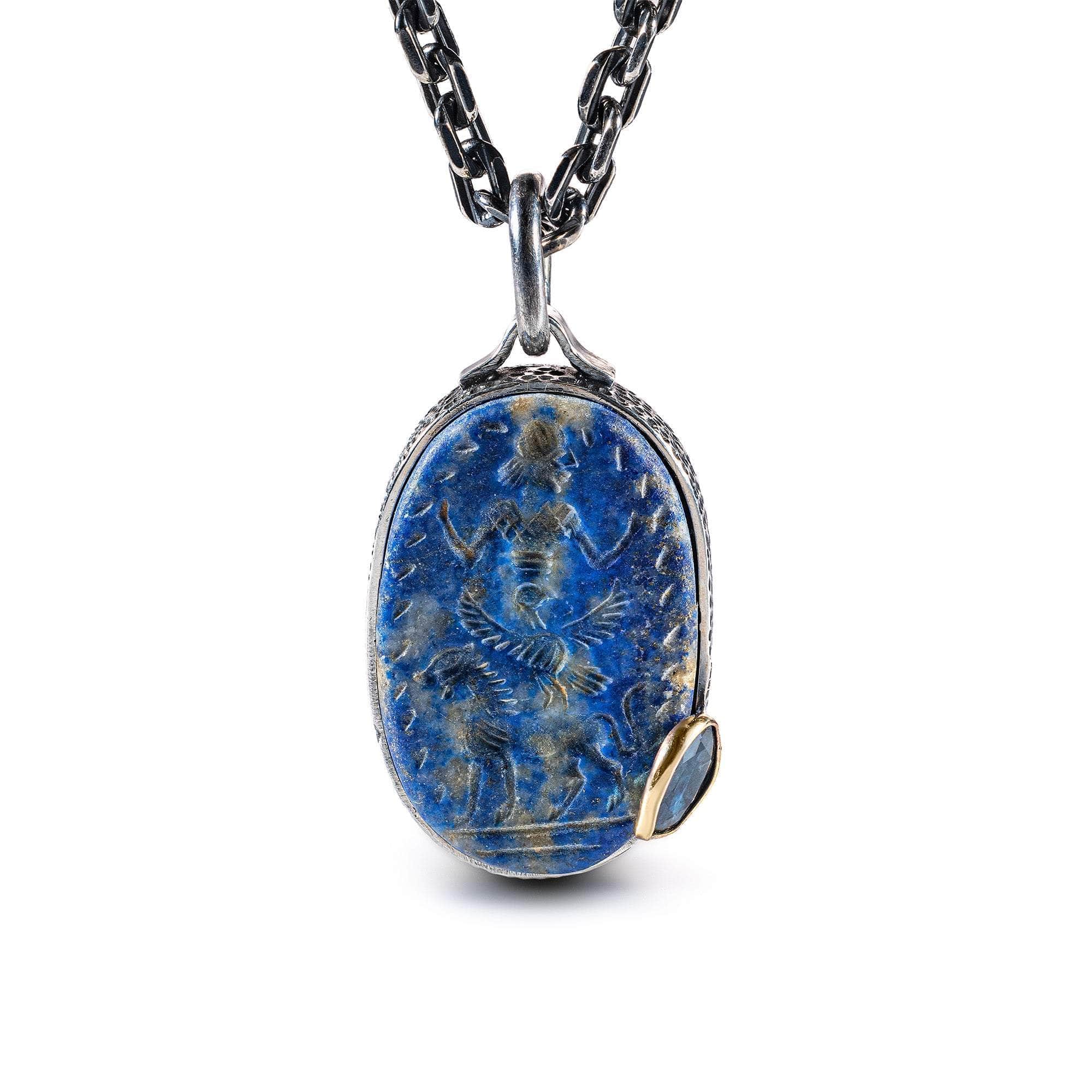 Niketes Pendant with Authentic Hellenistic Lapis Lazuli Seal in 925 Silver & Blue Sapphire in 9K Gold