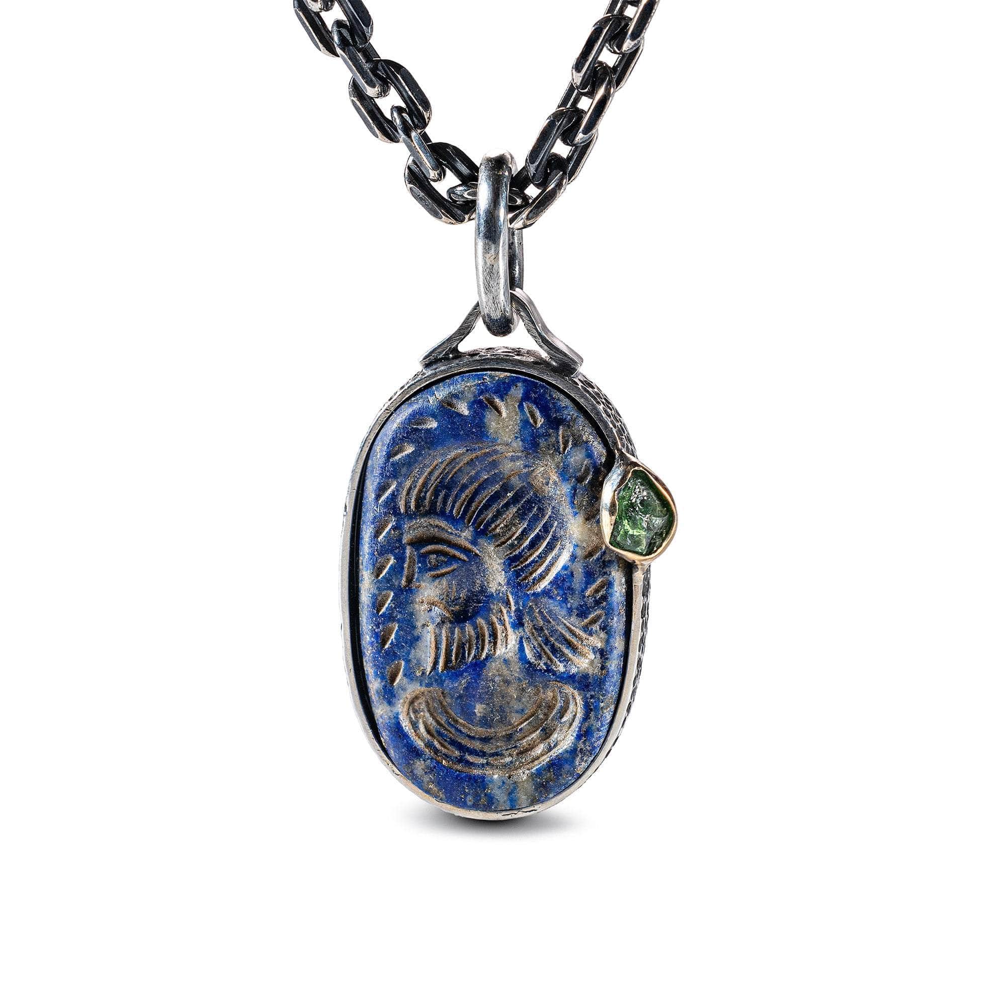 Sapurios Pendant with Authentic Ancient Lapis Lazuli Seal in 925 Silver & Raw Tsavorite in 9K Gold