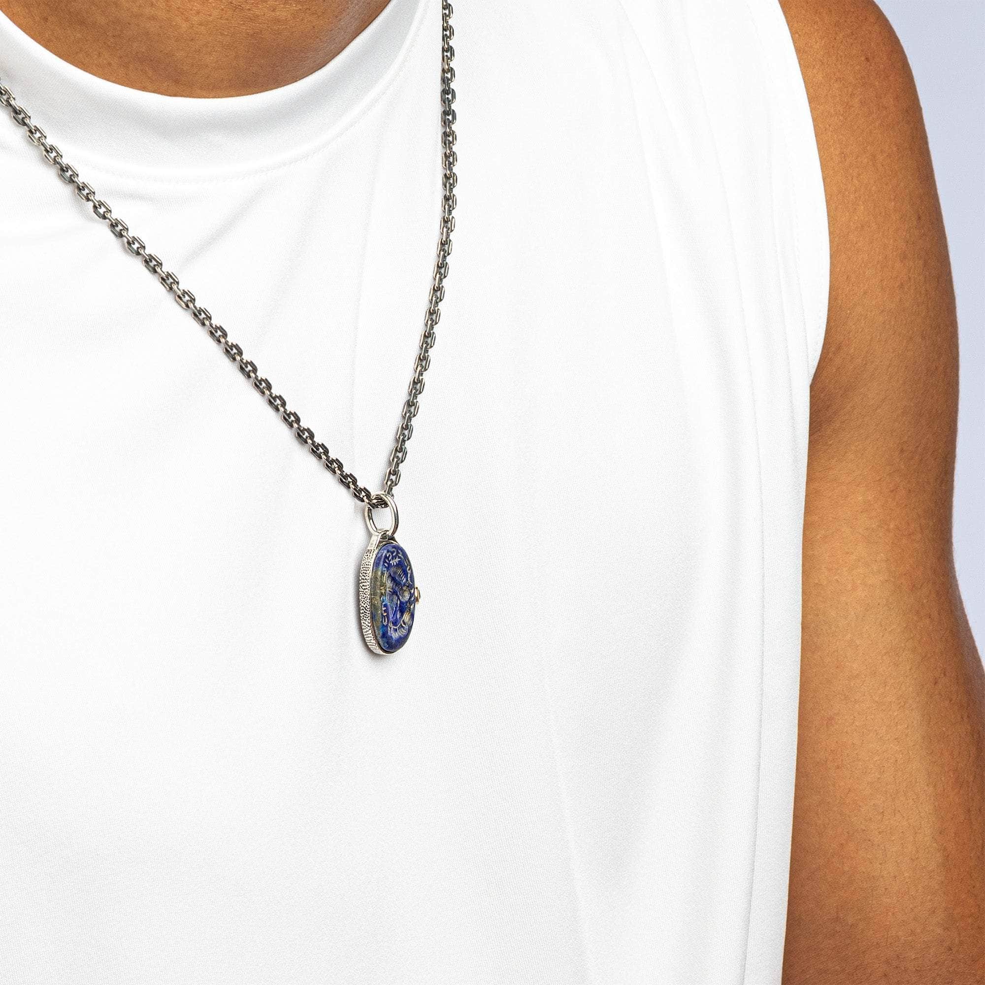 Zephyros Pendant with Authentic Hellenistic Lapis Lazuli Seal in 925 Silver & Raw Tsavorite in 9K Gold