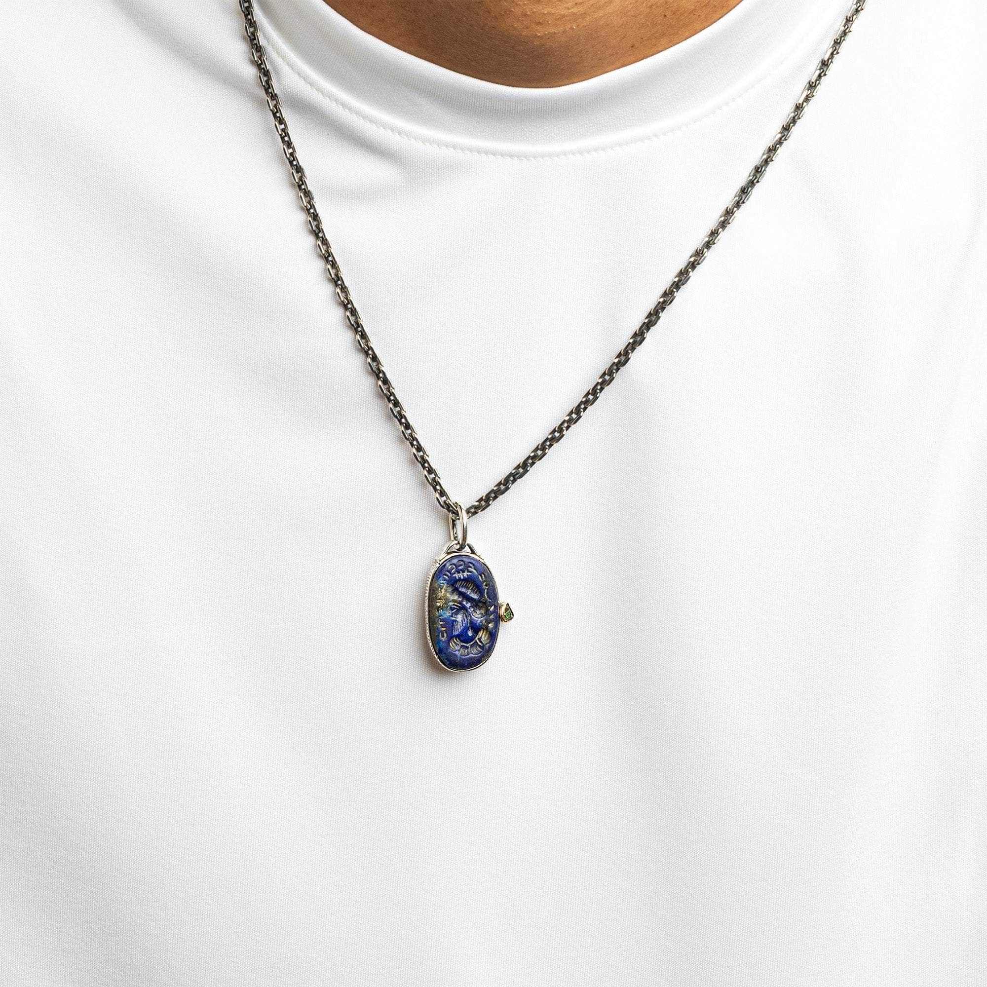 Zephyros Pendant with Authentic Hellenistic Lapis Lazuli Seal in 925 Silver & Raw Tsavorite in 9K Gold