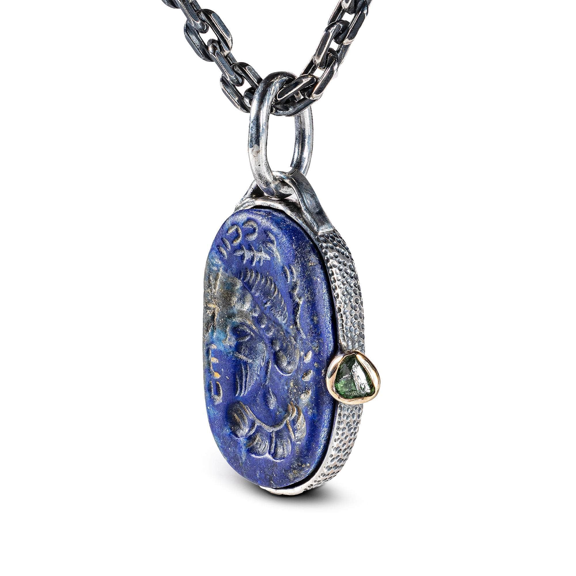 Zephyros Pendant with Authentic Hellenistic Lapis Lazuli Seal in 925 Silver & Raw Tsavorite in 9K Gold
