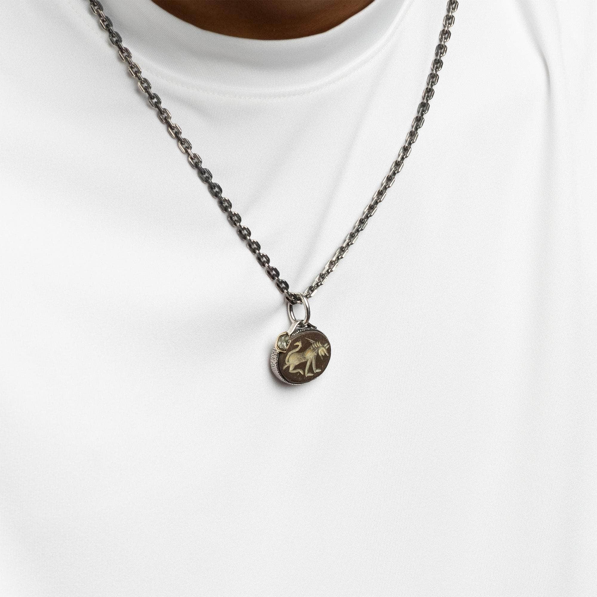 Mushussu Pendant with Mesopotamian Agate Seal in 925 Silver & Raw Yellow Sapphire in 9K Gold