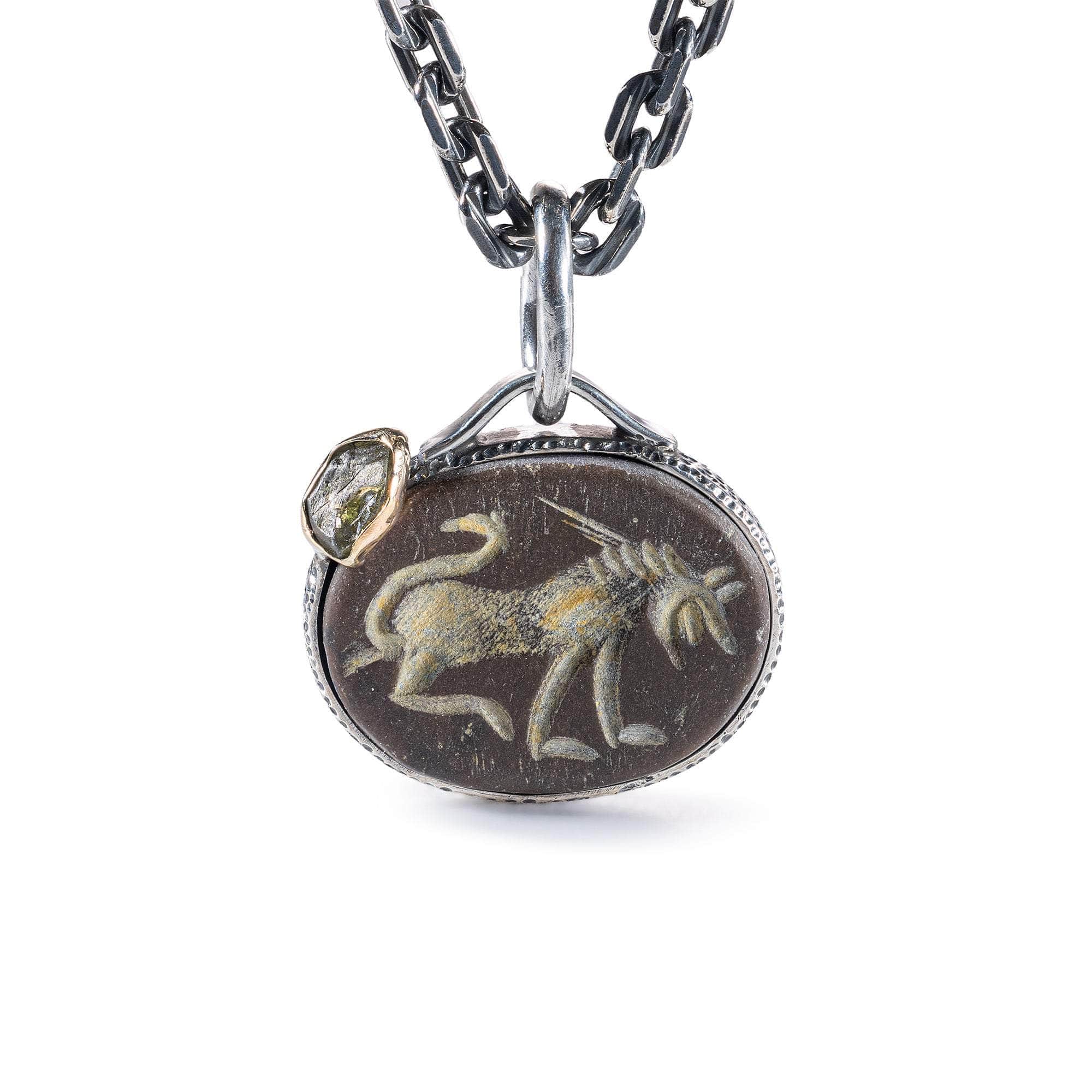 Mushussu Pendant with Mesopotamian Agate Seal in 925 Silver & Raw Yellow Sapphire in 9K Gold