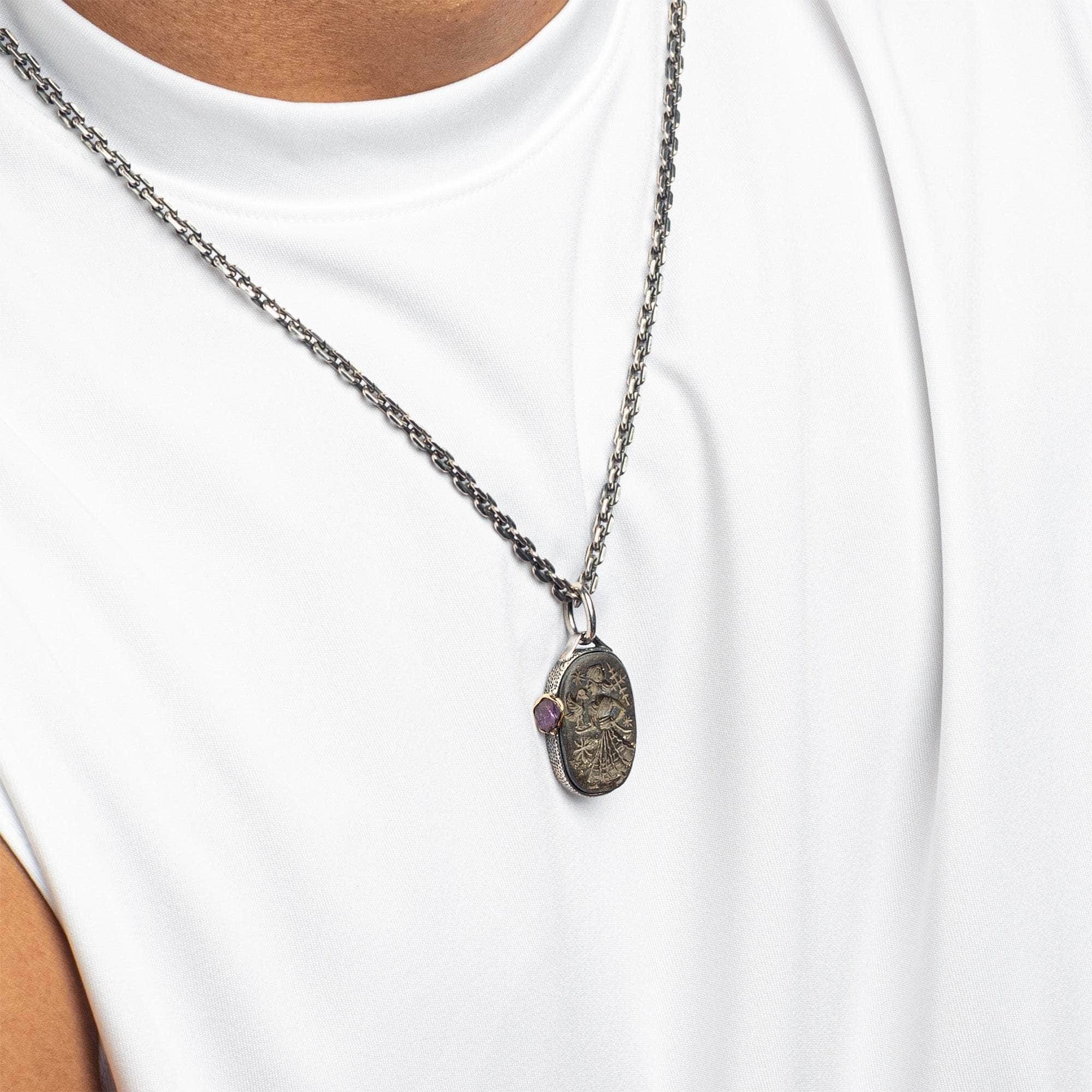 Tiresias Pendant with Authentic Mesopotamian Agate Seal in 925 Silver & Raw Ruby in 9K Gold