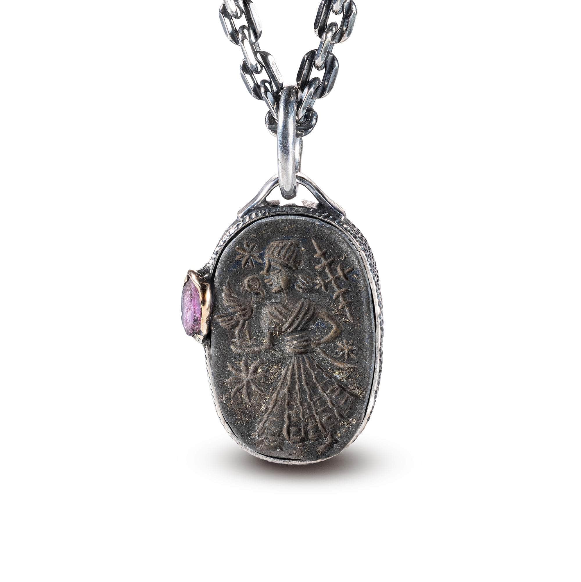 Tiresias Pendant with Authentic Mesopotamian Agate Seal in 925 Silver & Raw Ruby in 9K Gold