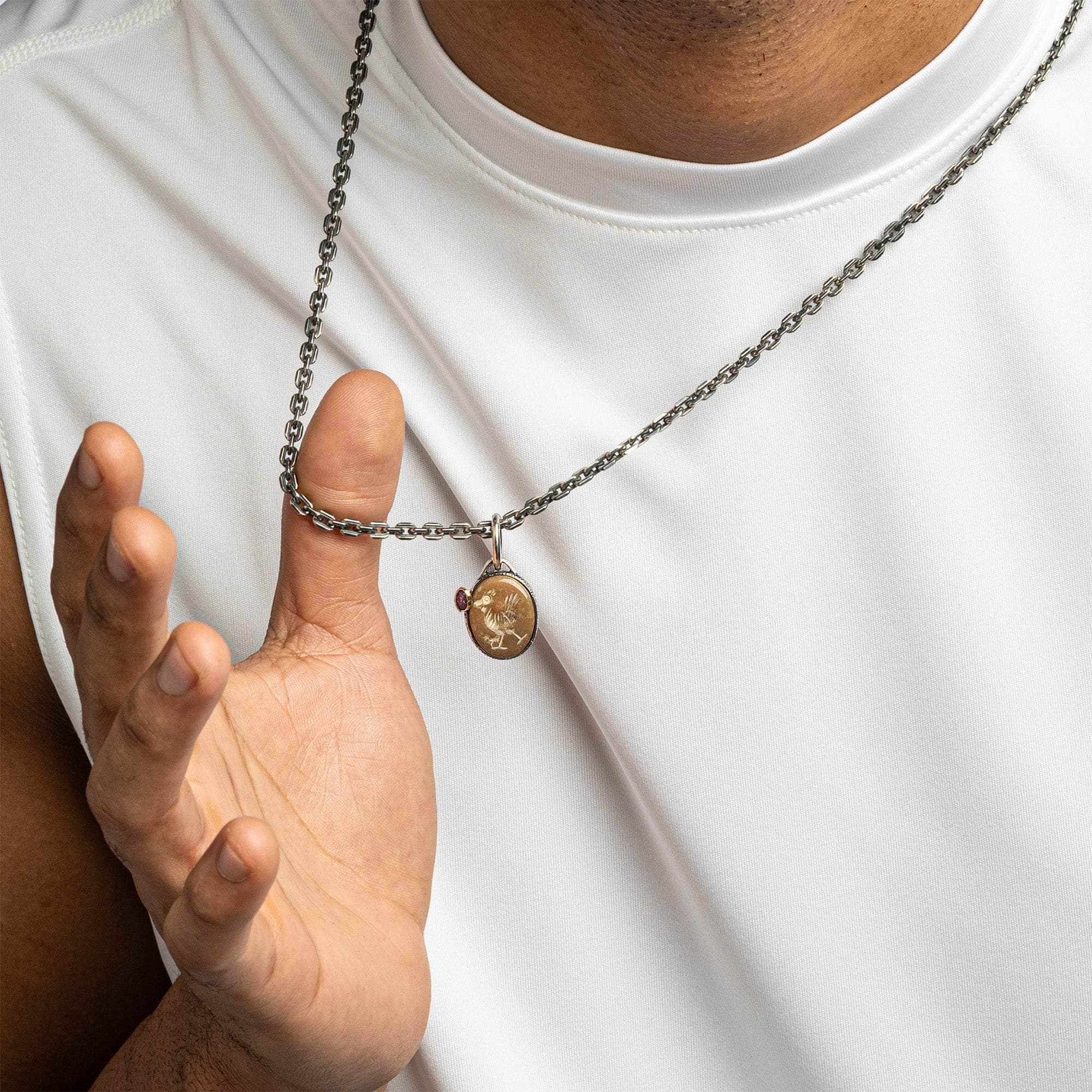 Zarang Pendant with Authentic Ancient Agate Seal in 925 Silver & Raw Ruby in 9K Gold