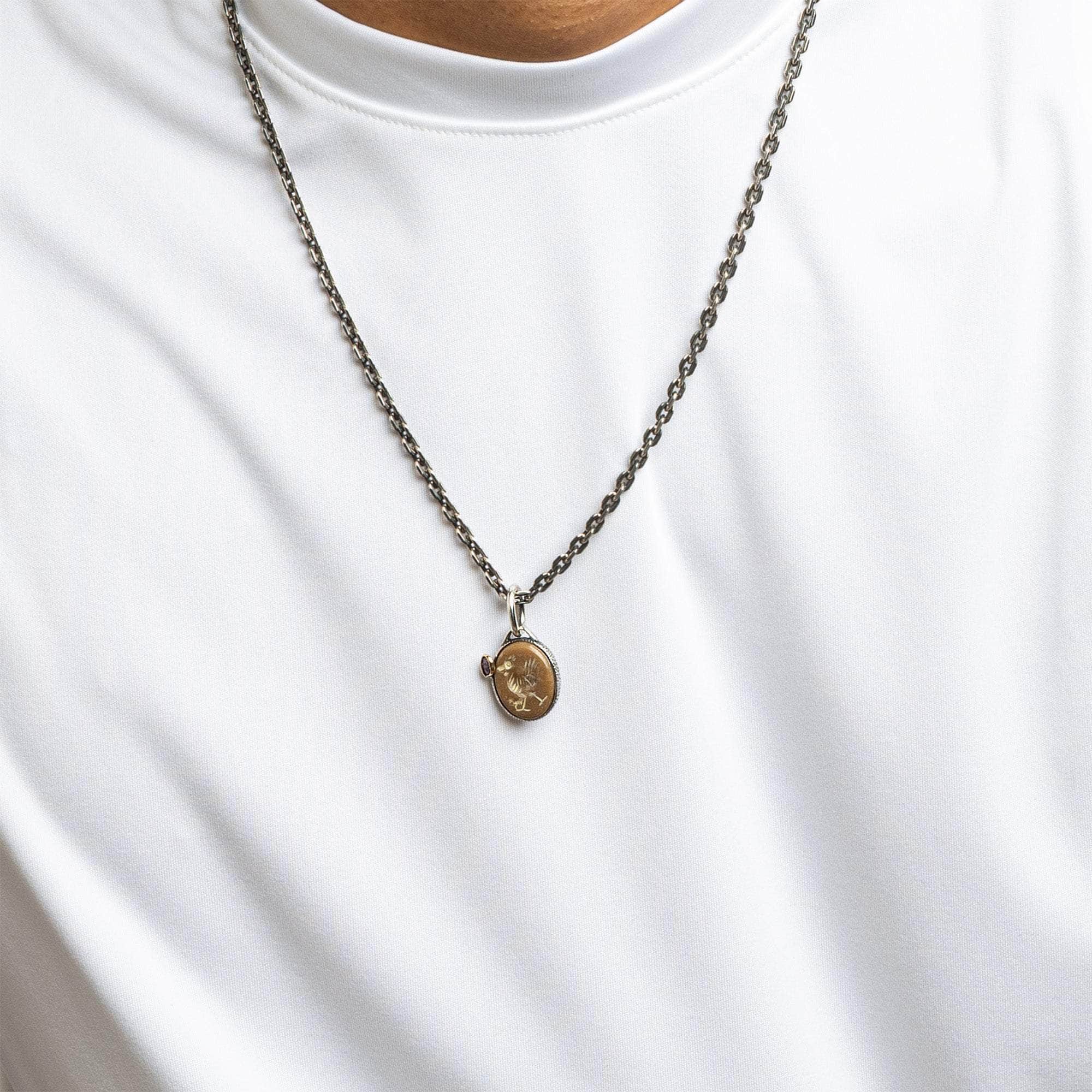 Zarang Pendant with Authentic Ancient Agate Seal in 925 Silver & Raw Ruby in 9K Gold