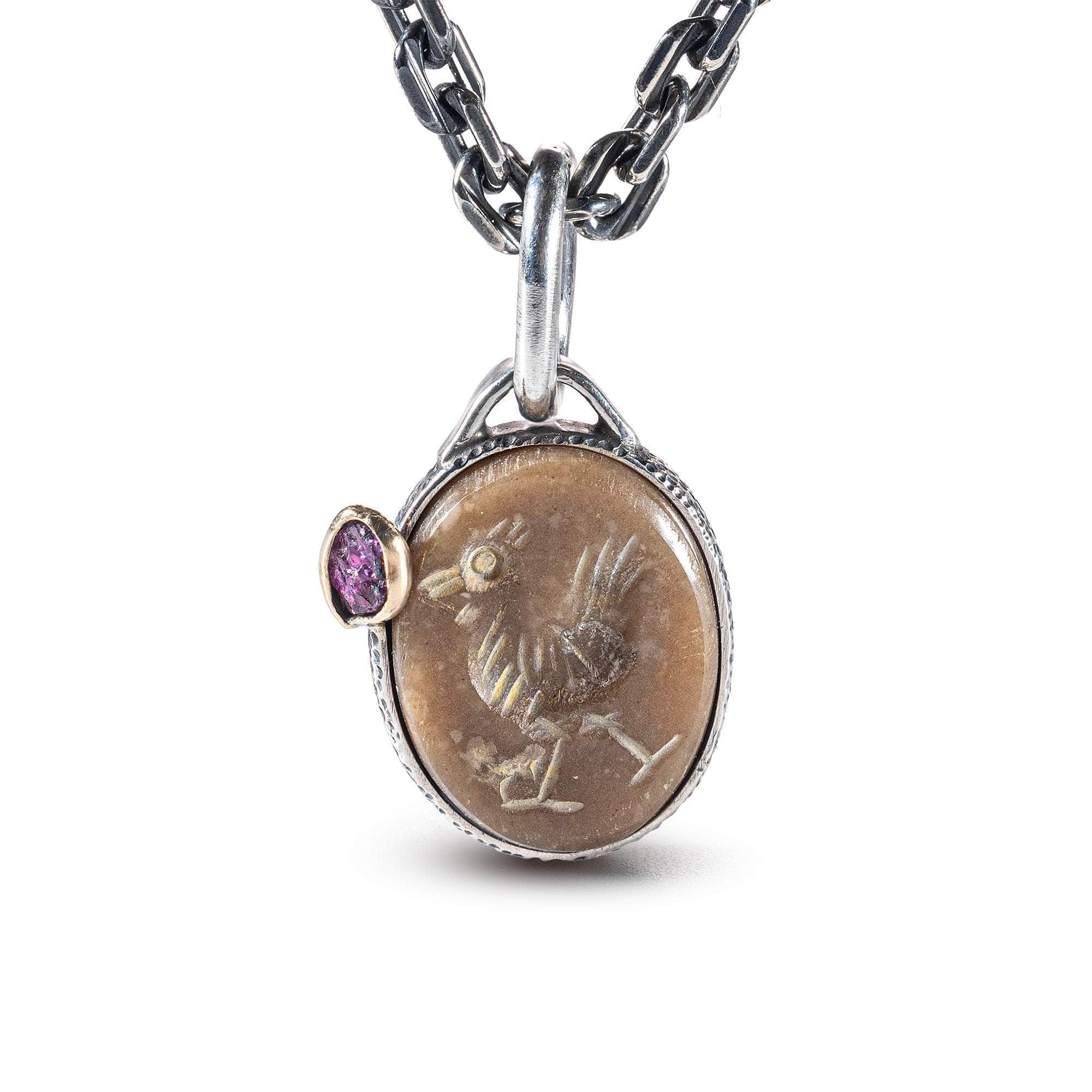 Zarang Pendant with Authentic Ancient Agate Seal in 925 Silver & Raw Ruby in 9K Gold