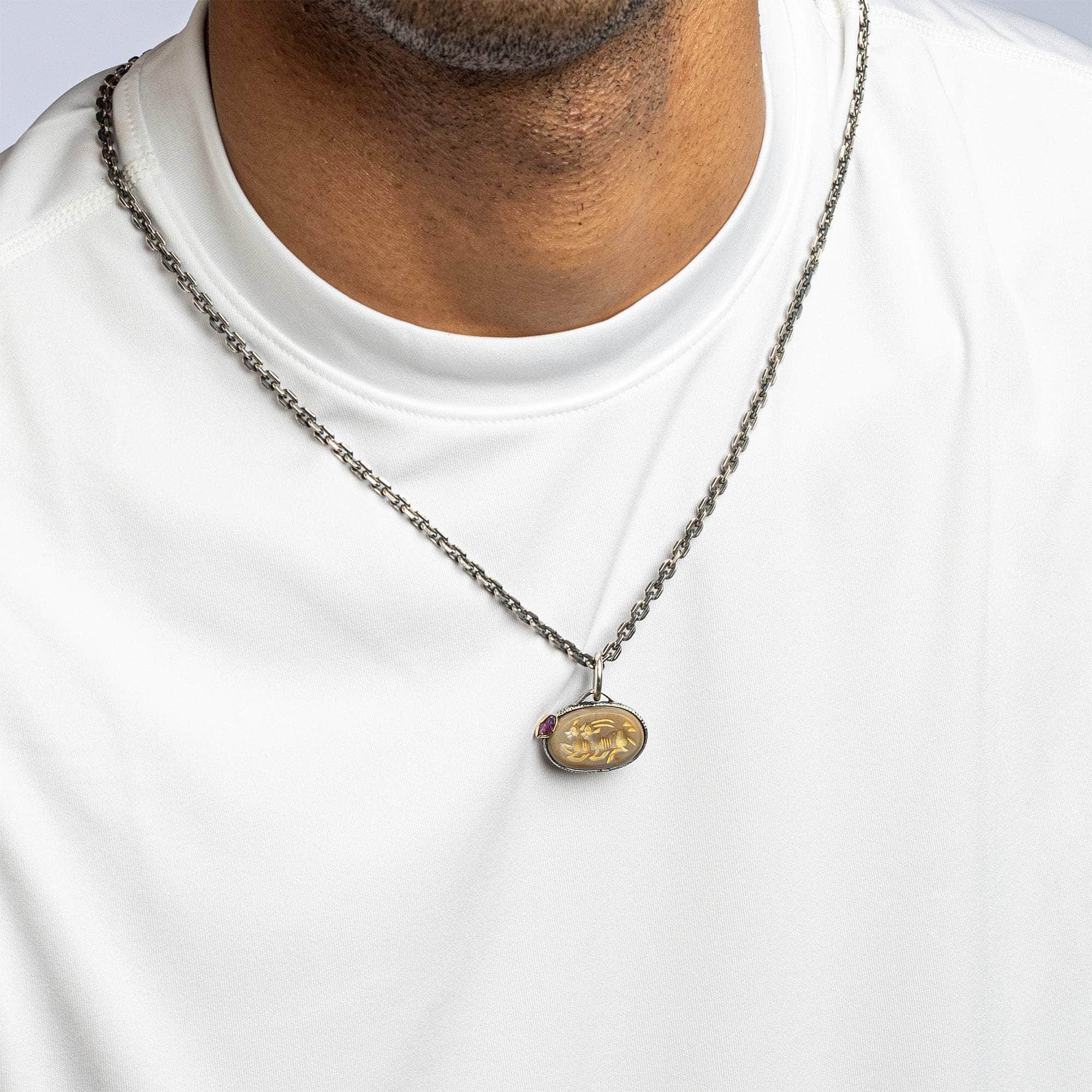 Kerman Pendant with Authentic Ancient Agate Seal in 925 Silver & Raw Ruby in 9K Gold