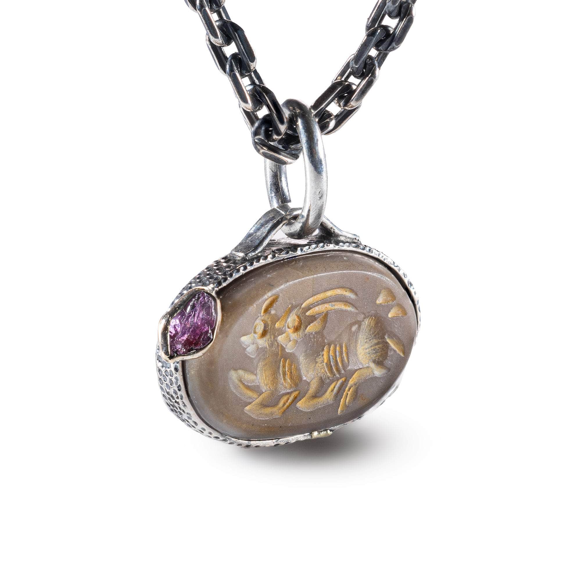 Kerman Pendant with Authentic Ancient Agate Seal in 925 Silver & Raw Ruby in 9K Gold