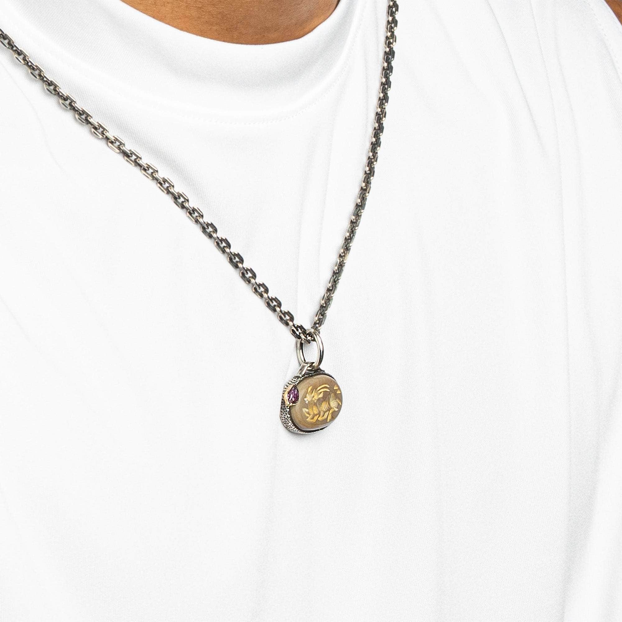 Kerman Pendant with Authentic Ancient Agate Seal in 925 Silver & Raw Ruby in 9K Gold