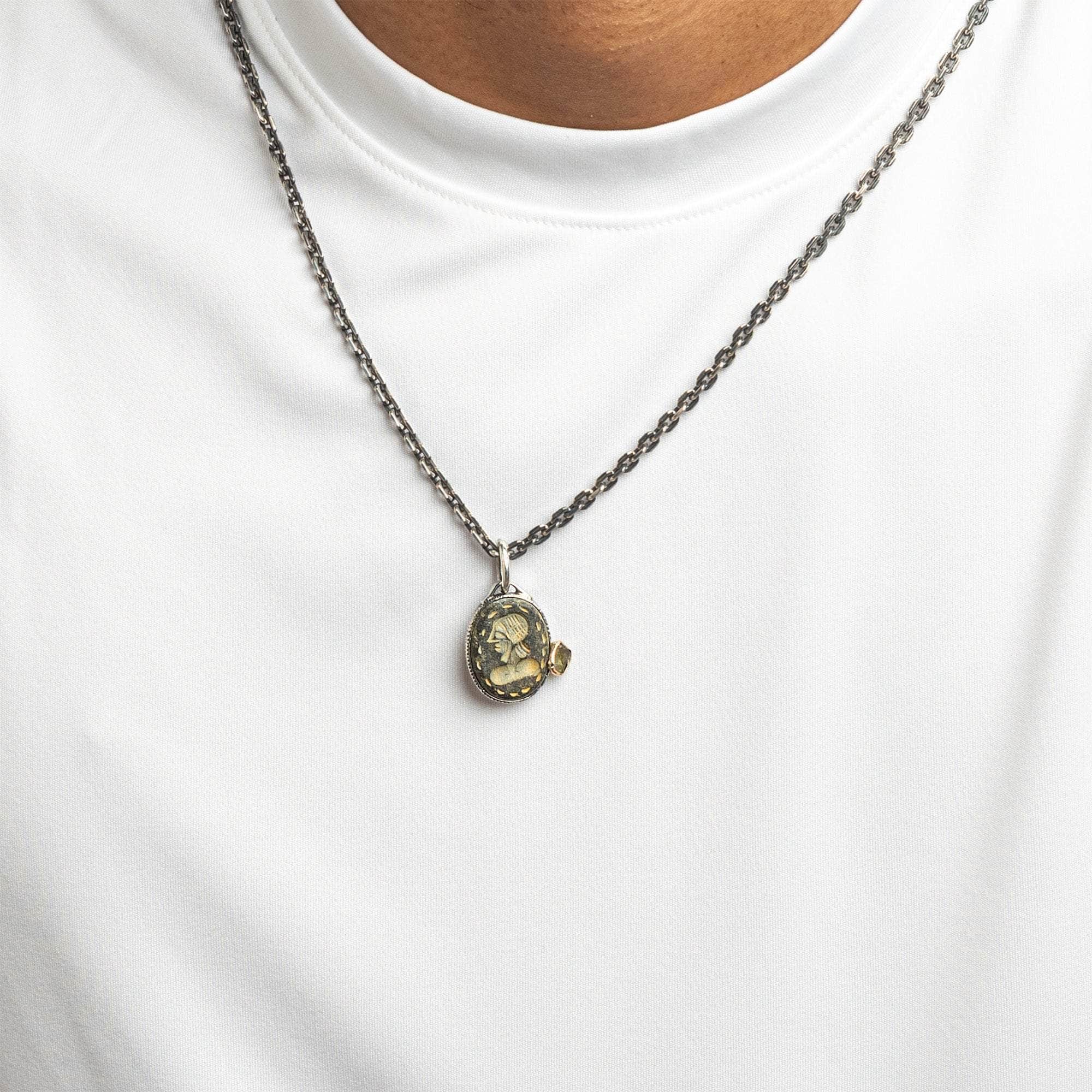 Sargatis Pendant with Authentic Ancient Agate Seal in 925 Silver & Raw Yellow Sapphire in 9K Gold