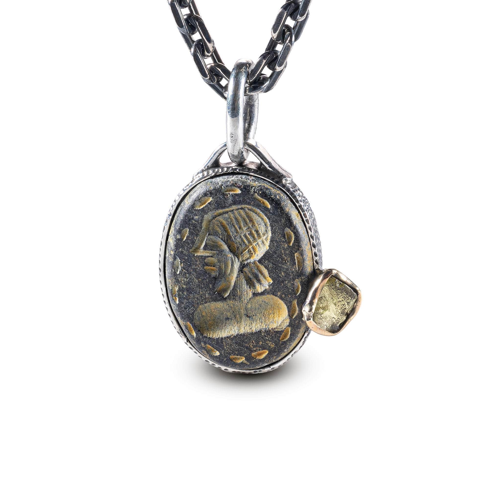 Sargatis Pendant with Authentic Ancient Agate Seal in 925 Silver & Raw Yellow Sapphire in 9K Gold
