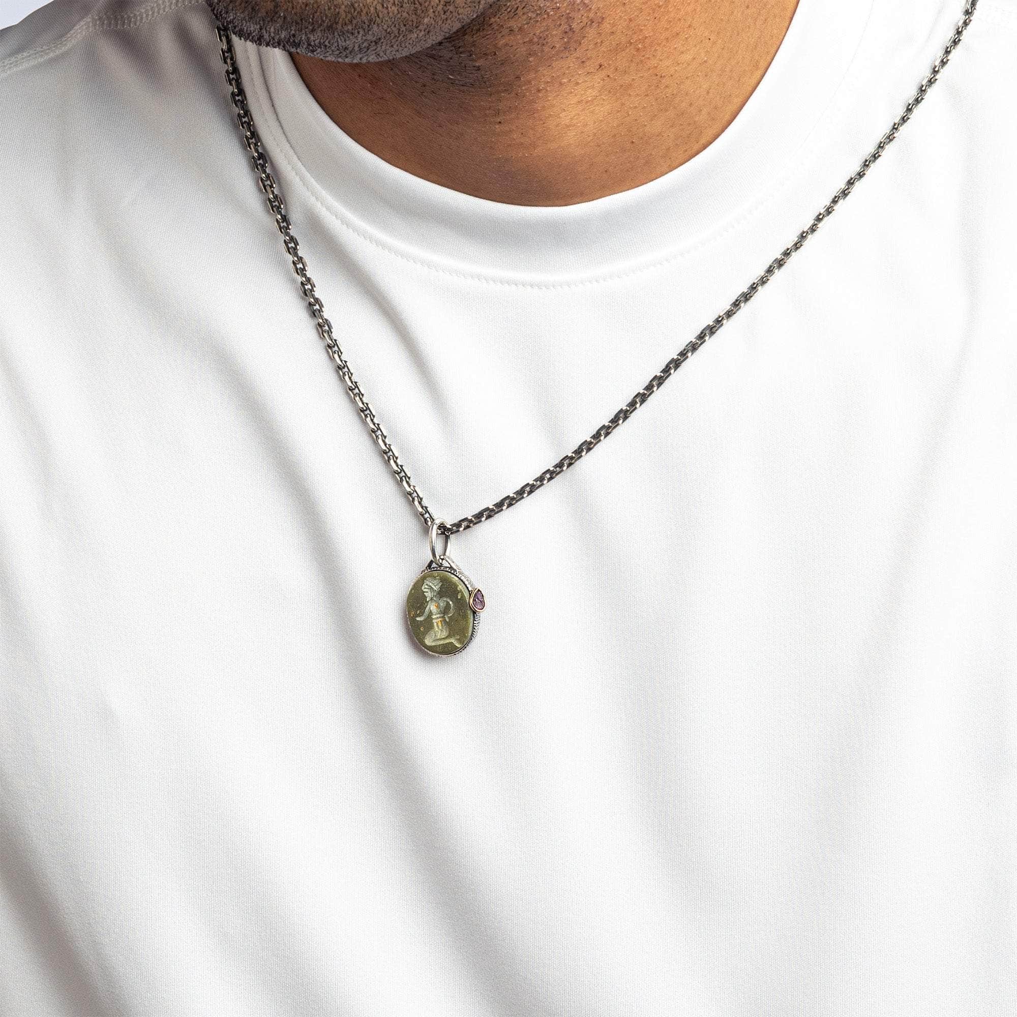 Zagreus Pendant with Authentic Ancient Agate Seal in 925 Silver & Raw Ruby in 9K Gold