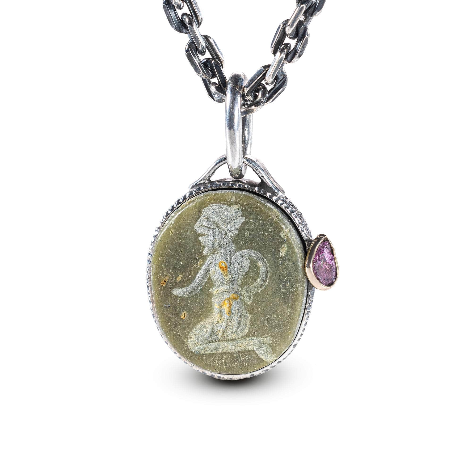 Zagreus Pendant with Authentic Ancient Agate Seal in 925 Silver & Raw Ruby in 9K Gold