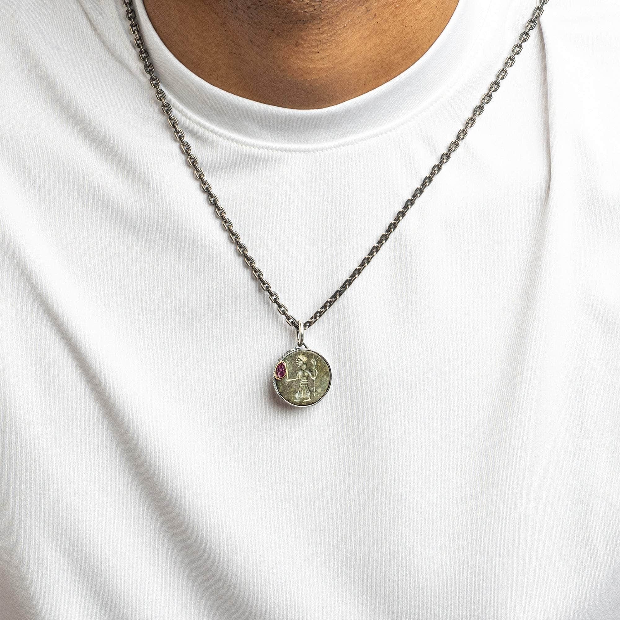 Marduk Pendant with Authentic Ancient Agate Seal in 925 Silver & Raw Ruby in 9K Gold