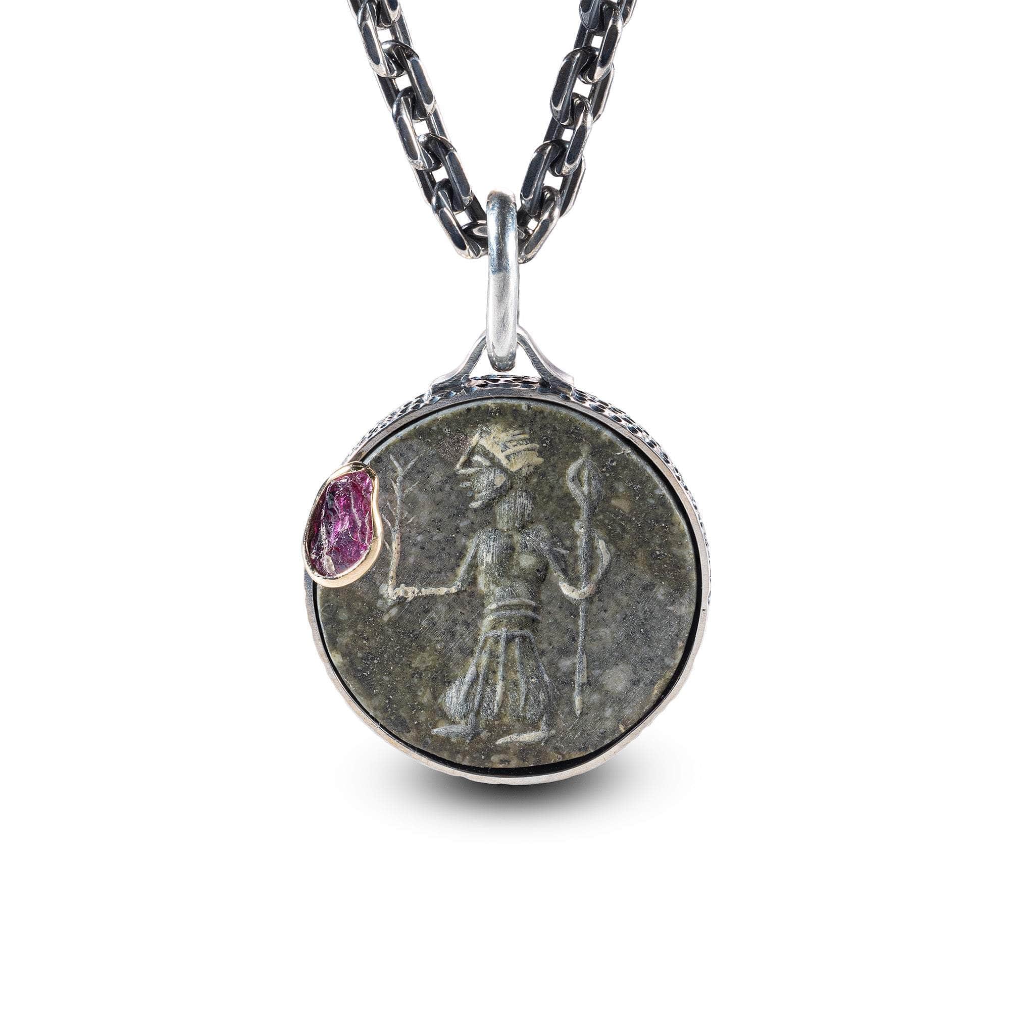 Marduk Pendant with Authentic Ancient Agate Seal in 925 Silver & Raw Ruby in 9K Gold