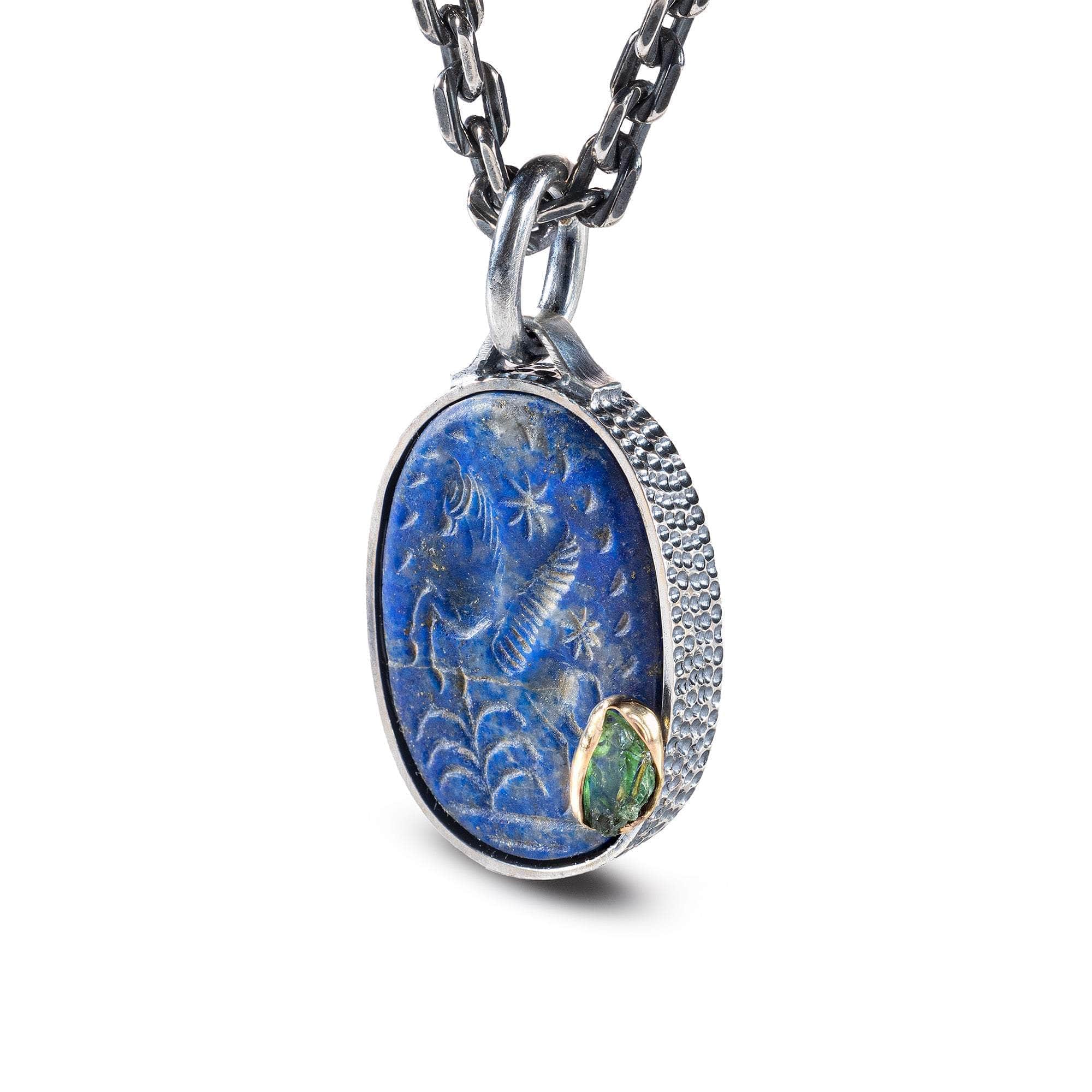 Astrippos Pendant with Authentic Hellenistic Lapis Lazuli Seal in 925 Silver & Raw Green Sapphire in 9K Gold