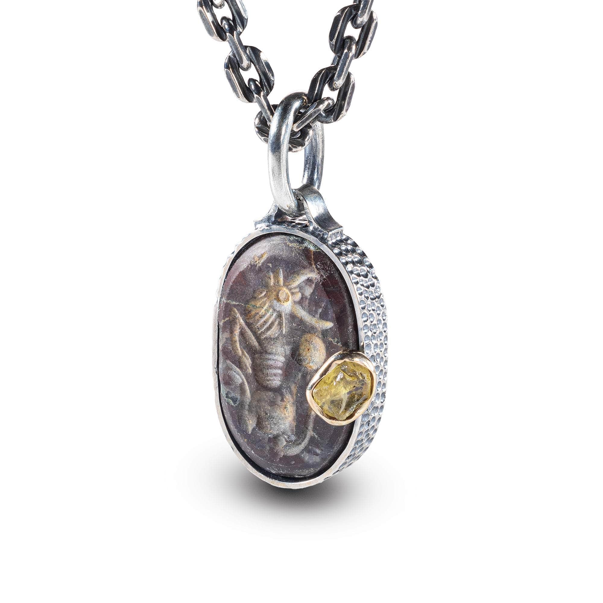 Pazuzu Pendant with Authentic Mesopotamian Agate Seal in 925 Silver & Raw Yellow Sapphire in 9K Gold