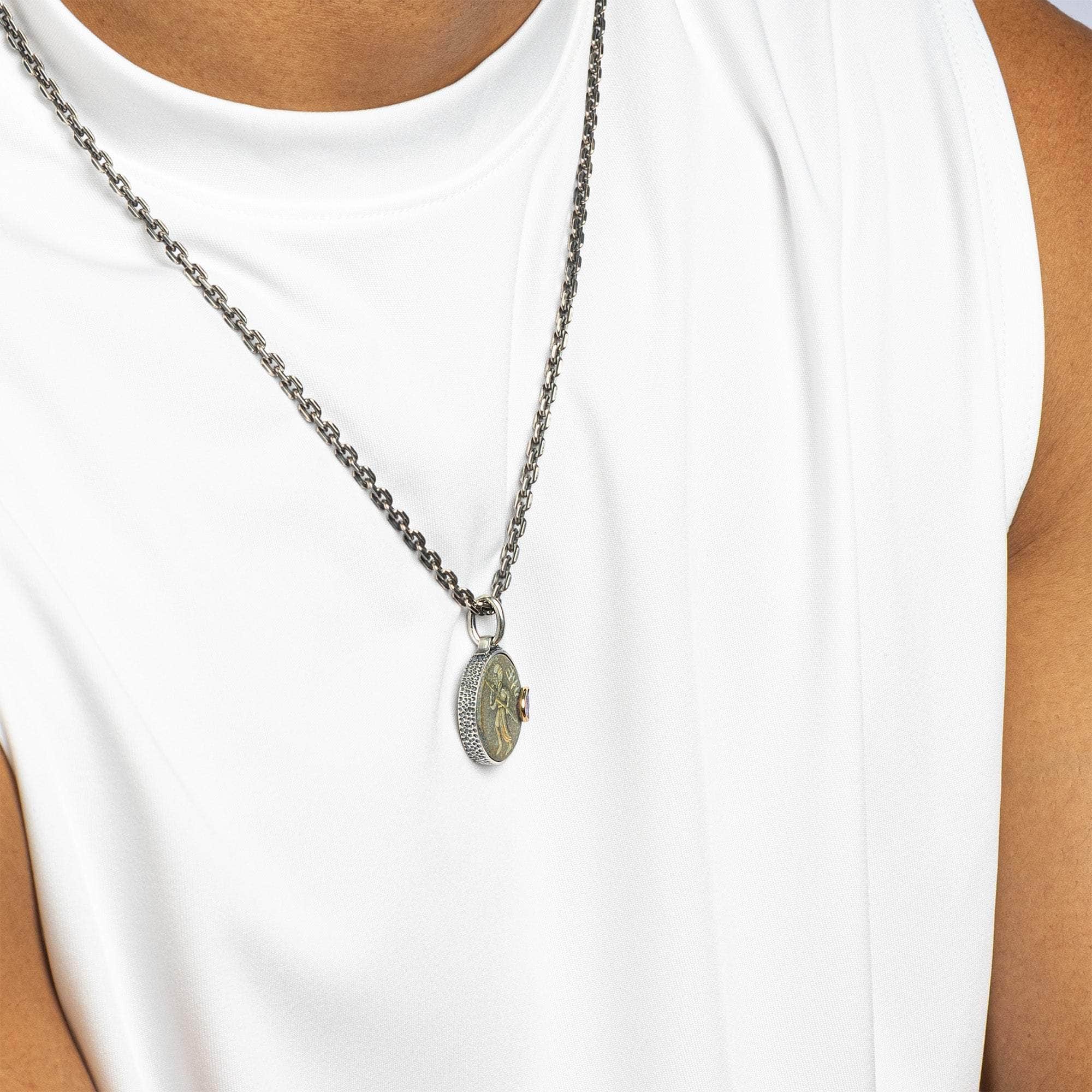 Gilgamesh Pendant with Authentic Near Eastern Agate Seal in 925 Silver & Raw Pink Sapphire in 9K Gold