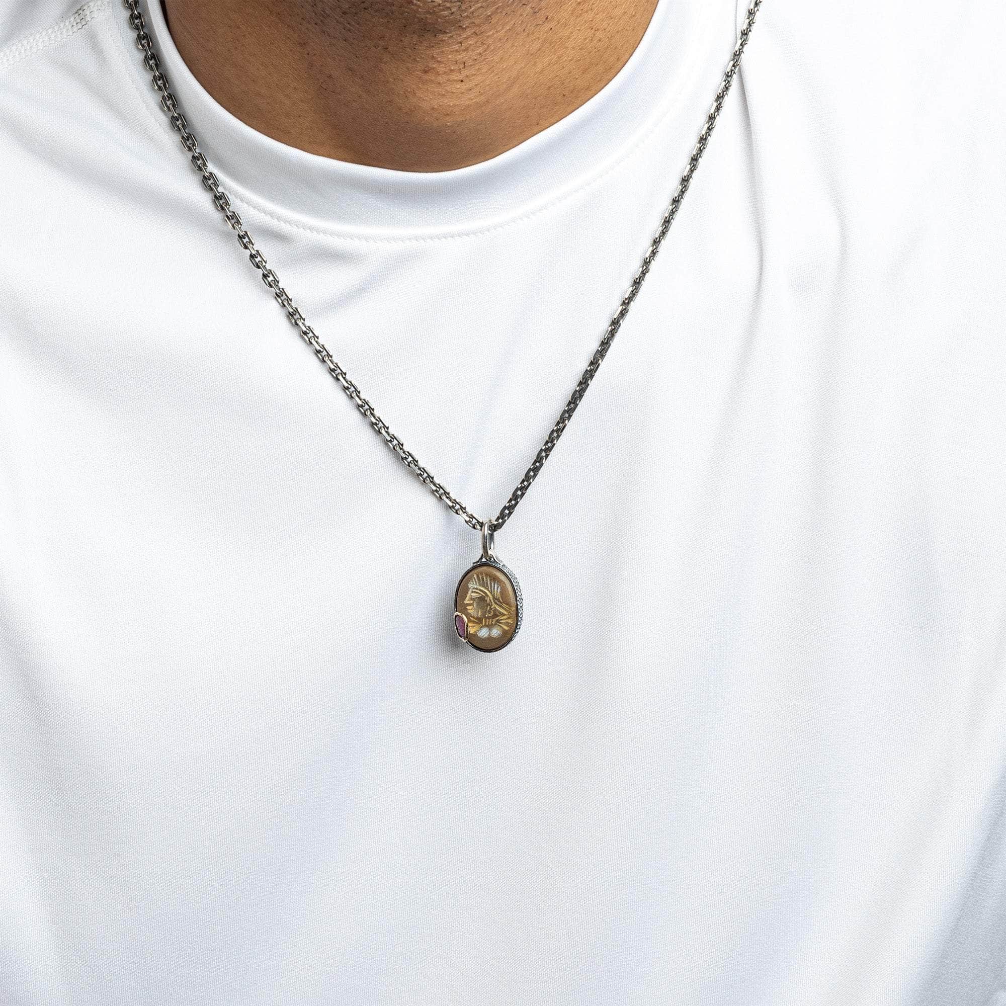 Tomyris Pendant with Authentic Near Eastern Agate Seal in 925 Silver & Raw Ruby in 9K Gold