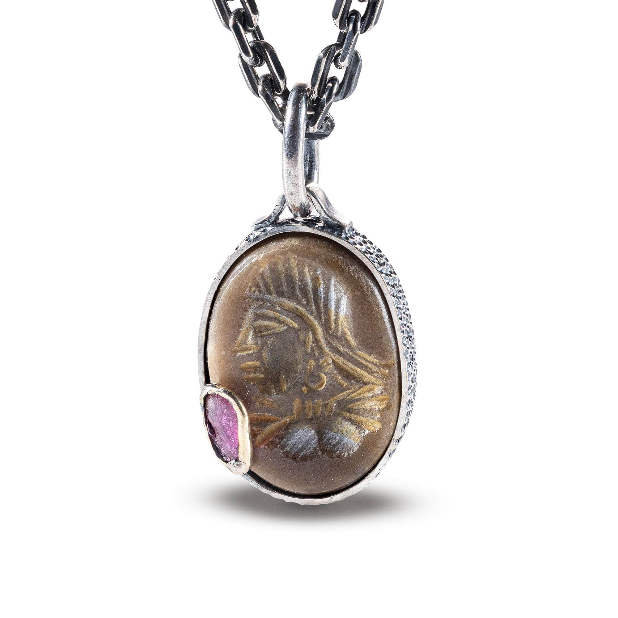 Tomyris Pendant with Authentic Near Eastern Agate Seal in 925 Silver & Raw Ruby in 9K Gold