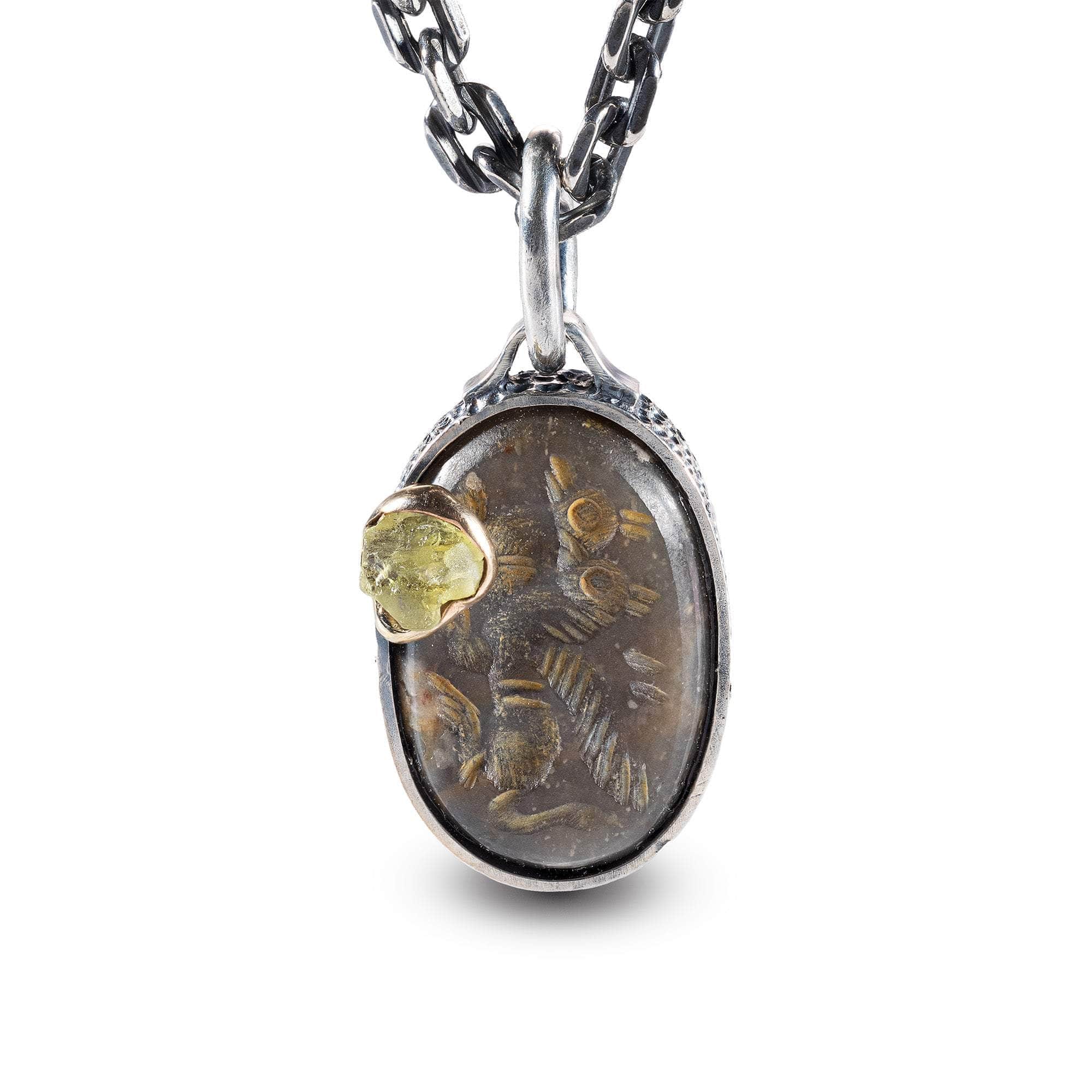 Lamassu Pendant with Authentic Mesopotamian Agate Seal in 925 Silver & Raw Yellow Sapphire in 9K Gold